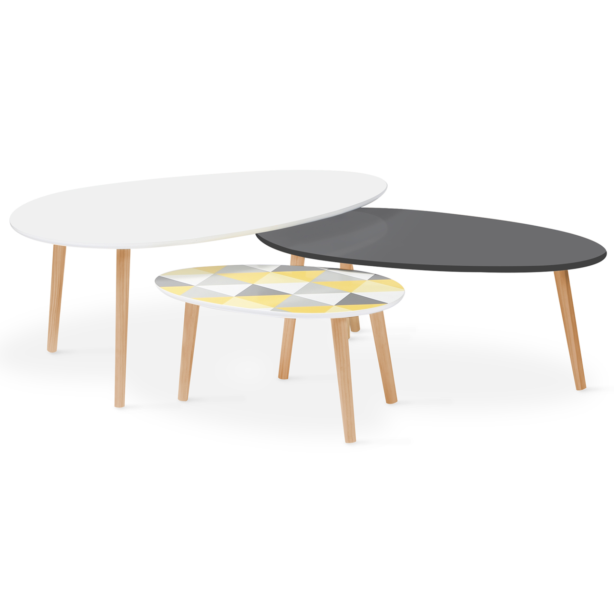 ID MARKET Lot de 3 tables basses gigognes gigi laquées blanc / gris / motifs graphiques