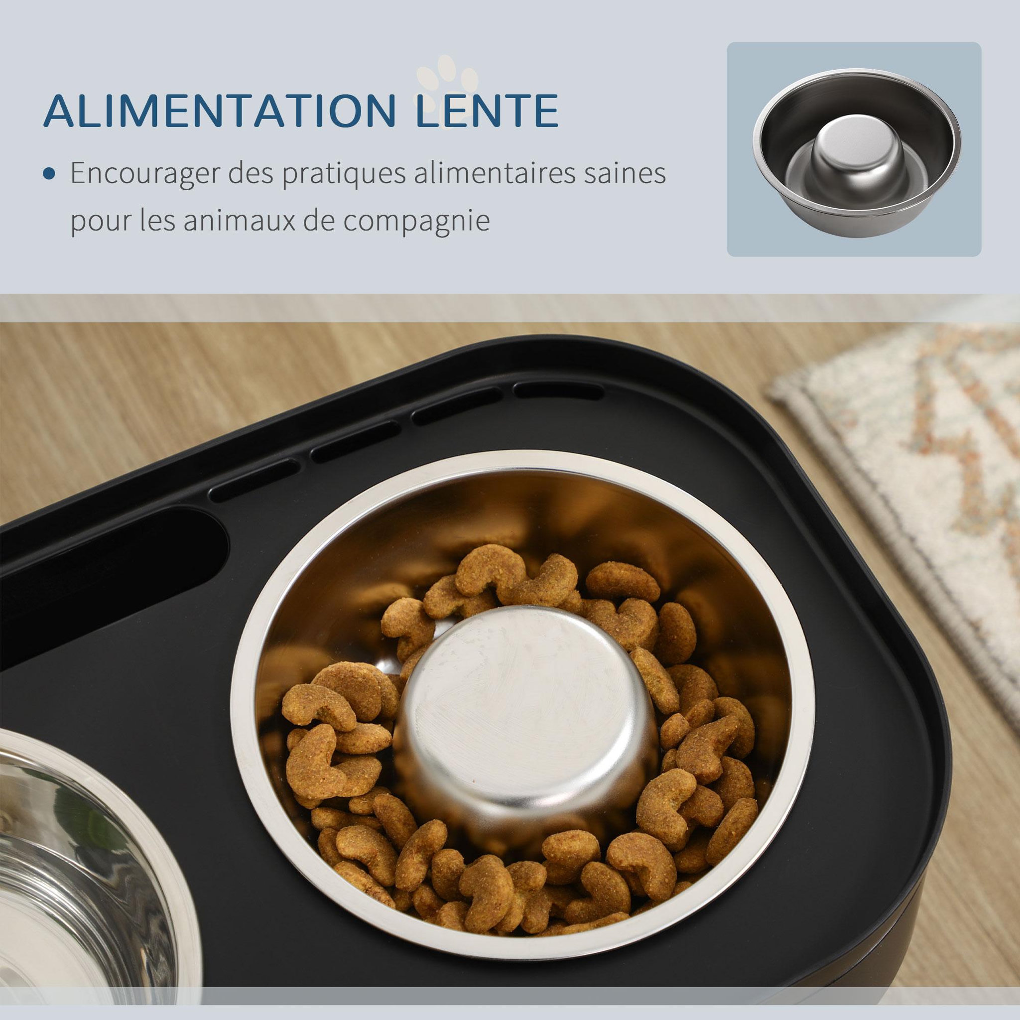 Voir la diapositive 6 : PAWHUT Porte double gamelles surélevé 2 bols acier inox. hauteur réglable - dim. 43L x 25l x 30H cm - PP noir