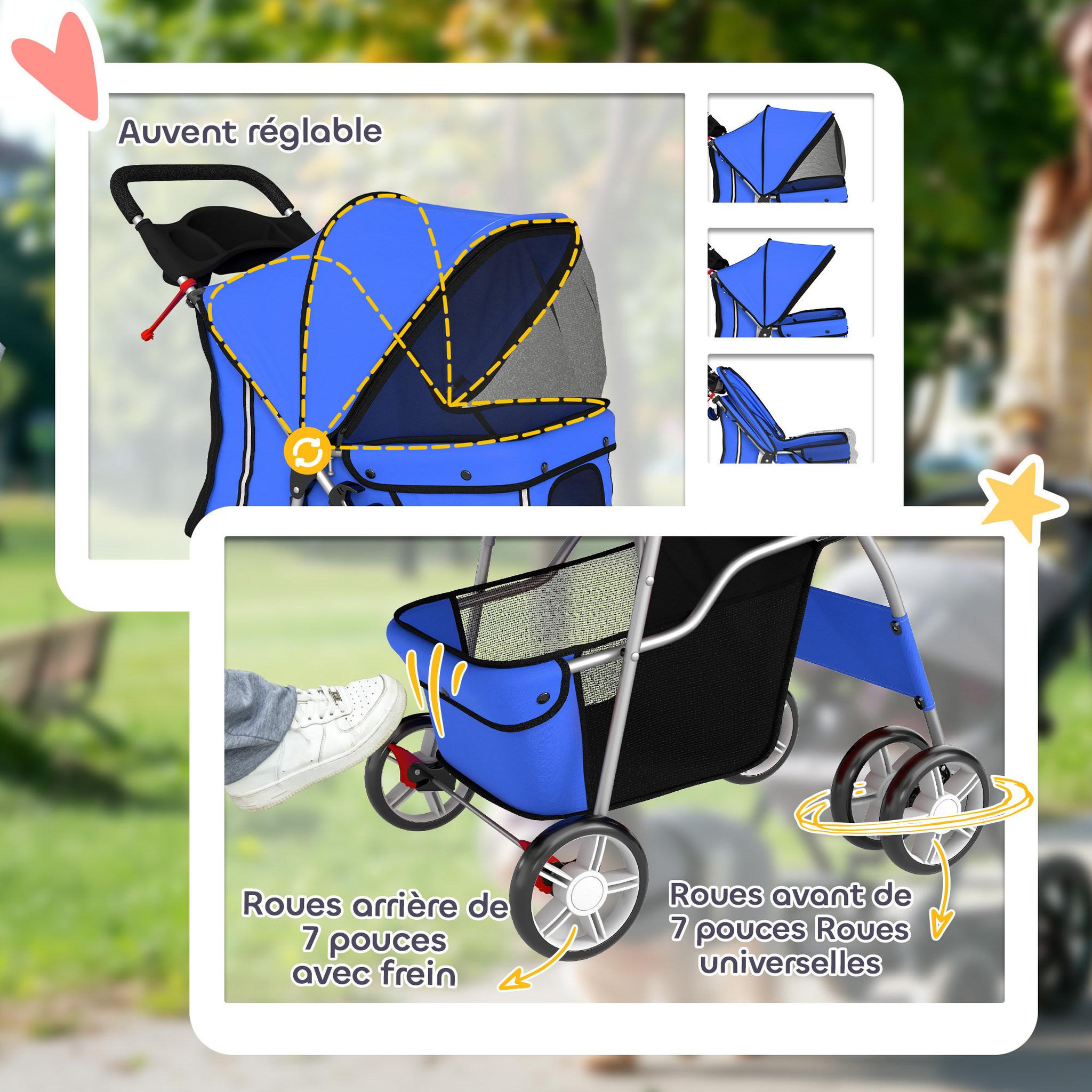 Voir la diapositive 5 : PAWHUT Poussette buggy pliable chien chat porte-gobelet panier de rangement inclus 4 roues bleu