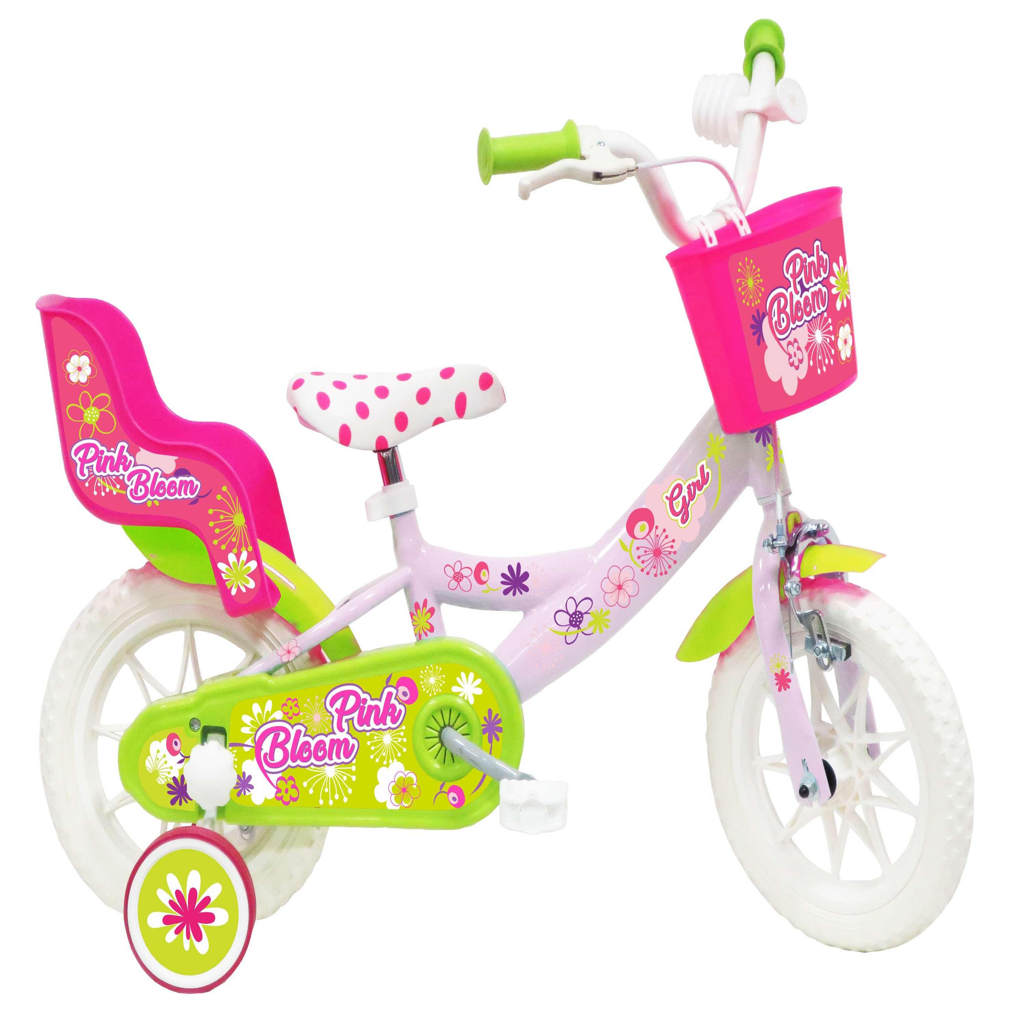 Vélo enfant - Modèle 12'' Pink Bloom pour enfant de 85 à 100 cm - 1 Frein - Panier avant - Porte poupée arrière et roues bâtons