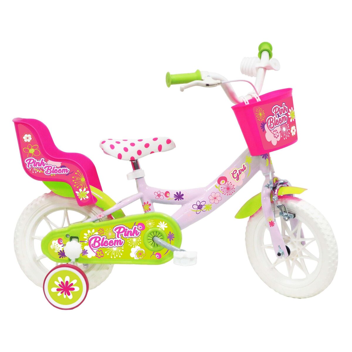 Vélo enfant - Modèle 12'' Pink Bloom pour enfant de 85 à 100 cm - 1 Frein - Panier avant - Porte poupée arrière et roues bâtons