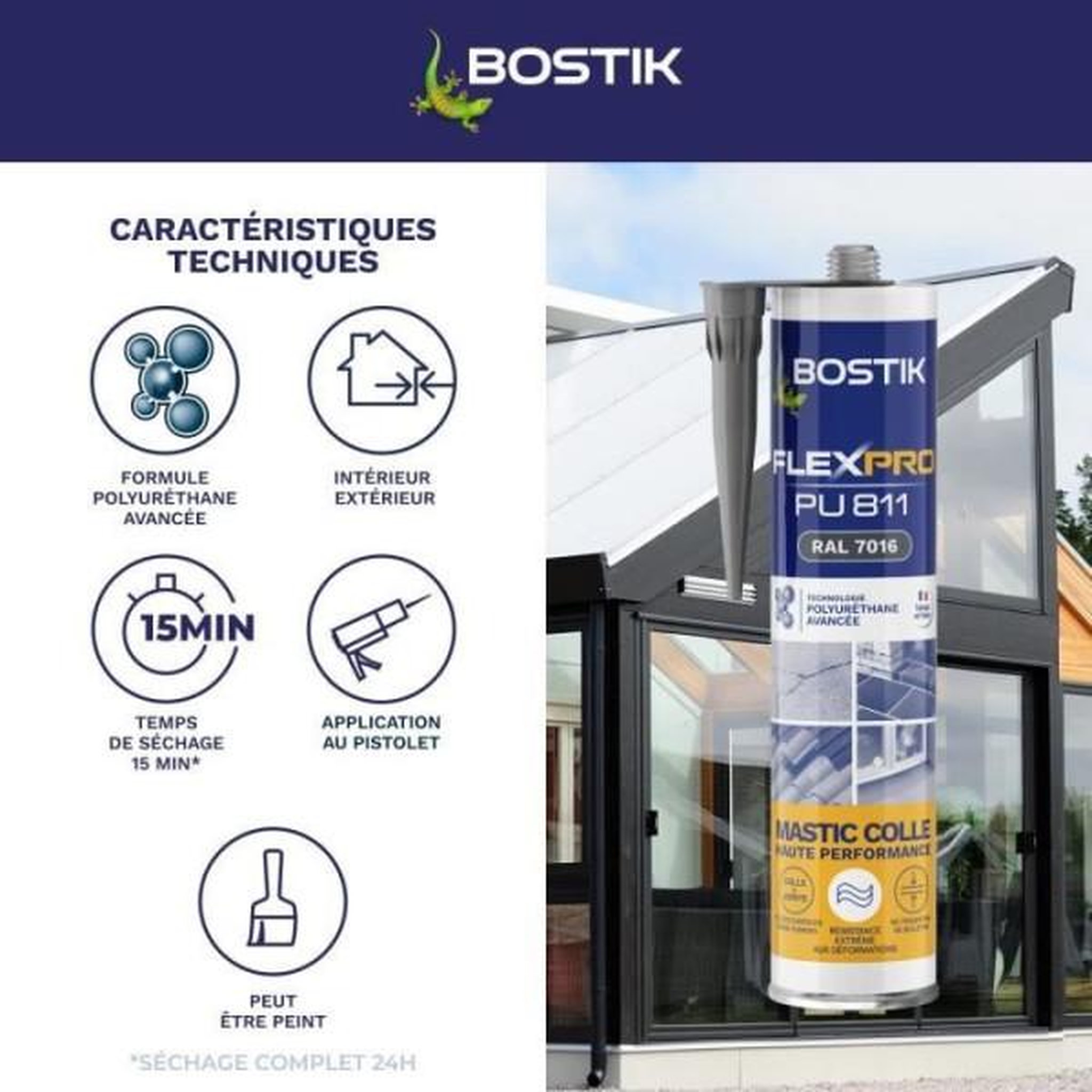 Voir la diapositive 3 : Bostik Mastic colle/joint - BOSTIK - Flexpro PU811 - Tous matériaux - Intérieur/extérieur - Anthracite RAL7016 - 300 ml