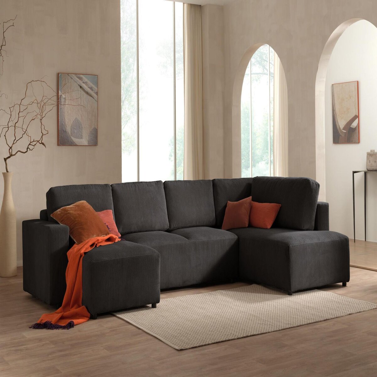 LISA DESIGN Livy - canapé panoramique convertible - avec coffre - en velours côtelé - 7 places - droit