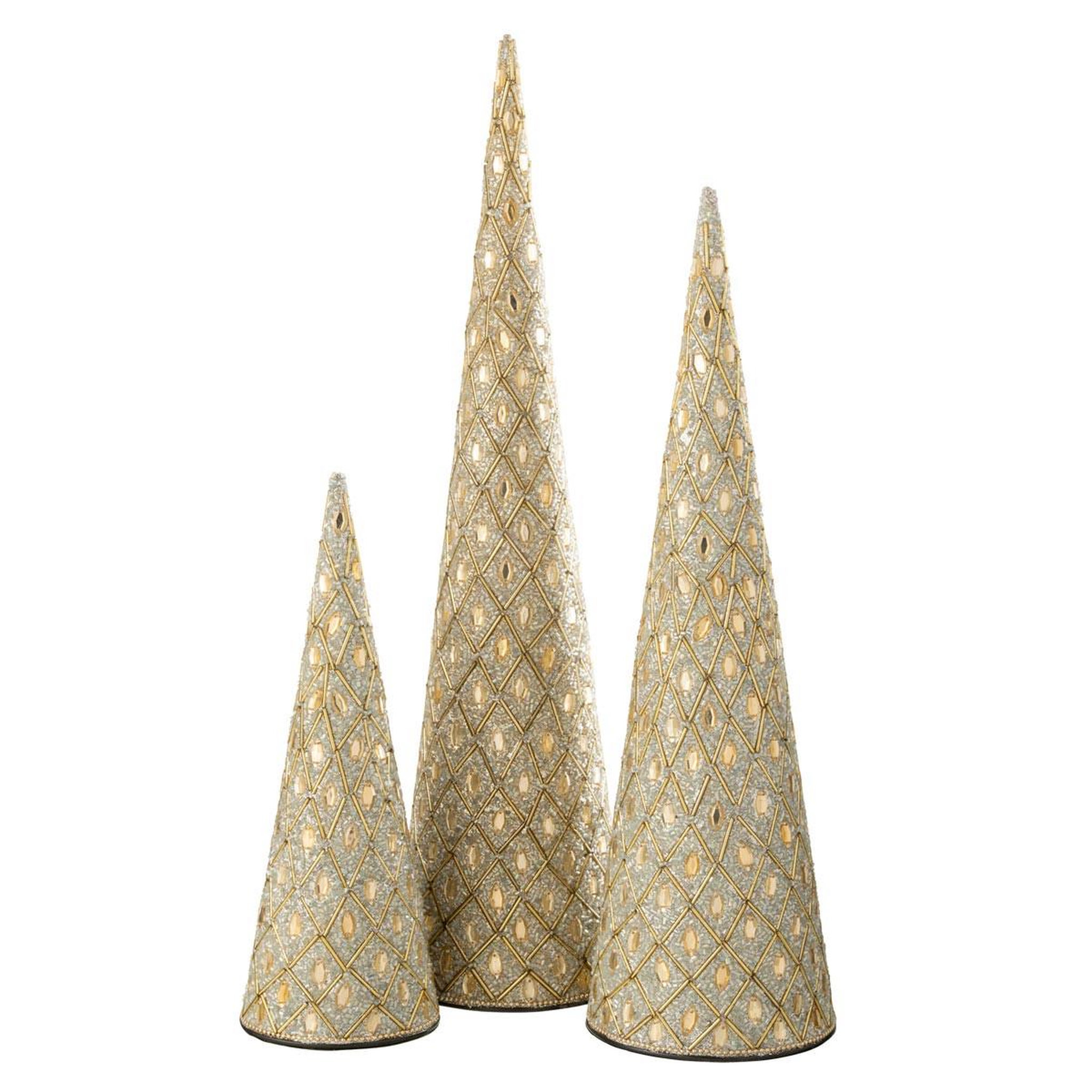 J-LINE Lot de 3 cônes déco  perles  45cm doré