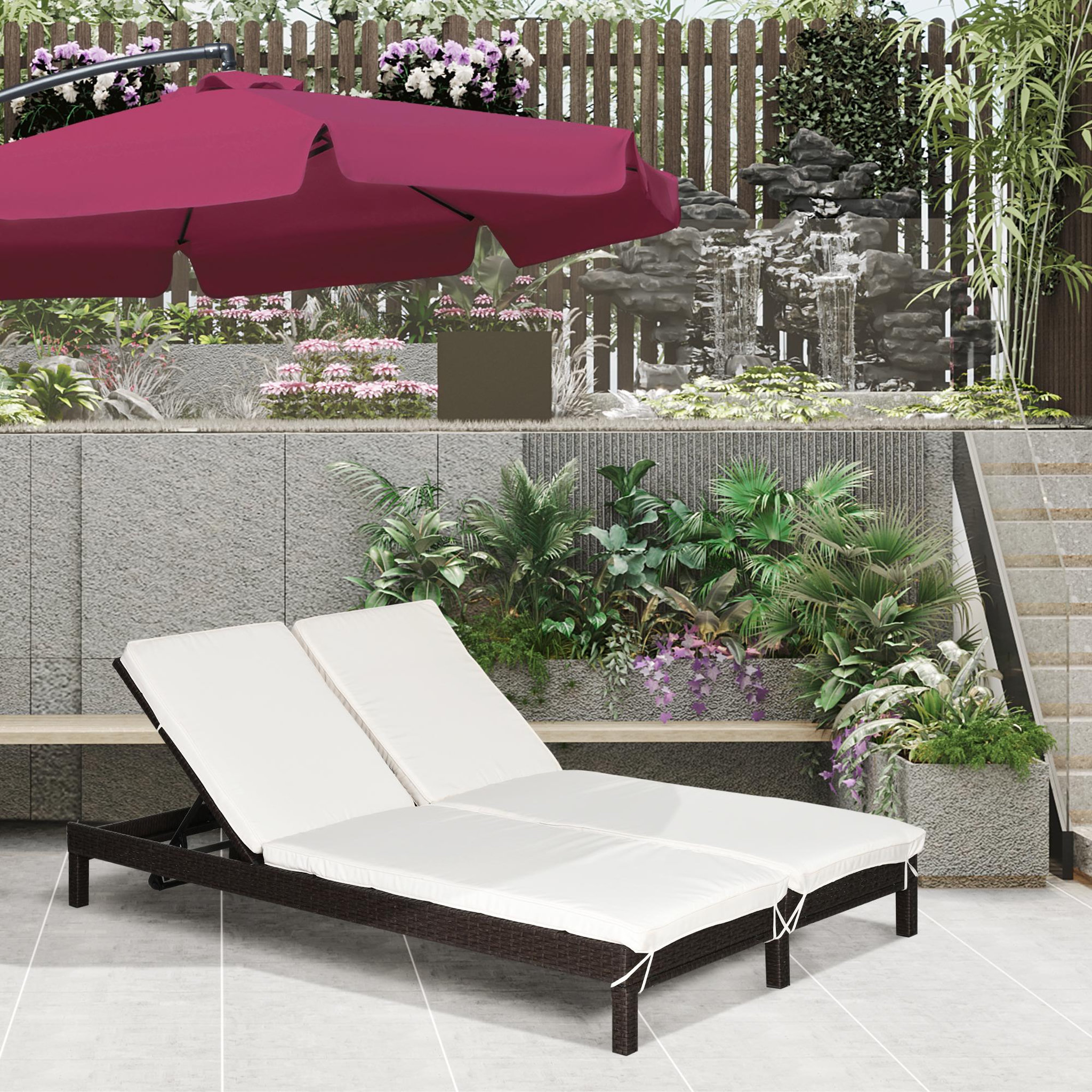 Voir la diapositive 4 : OUTSUNNY Bain de soleil transat 2 places - grand confort - dossier inclinable multi-positions - matelas fournis - résine tressée chocolat