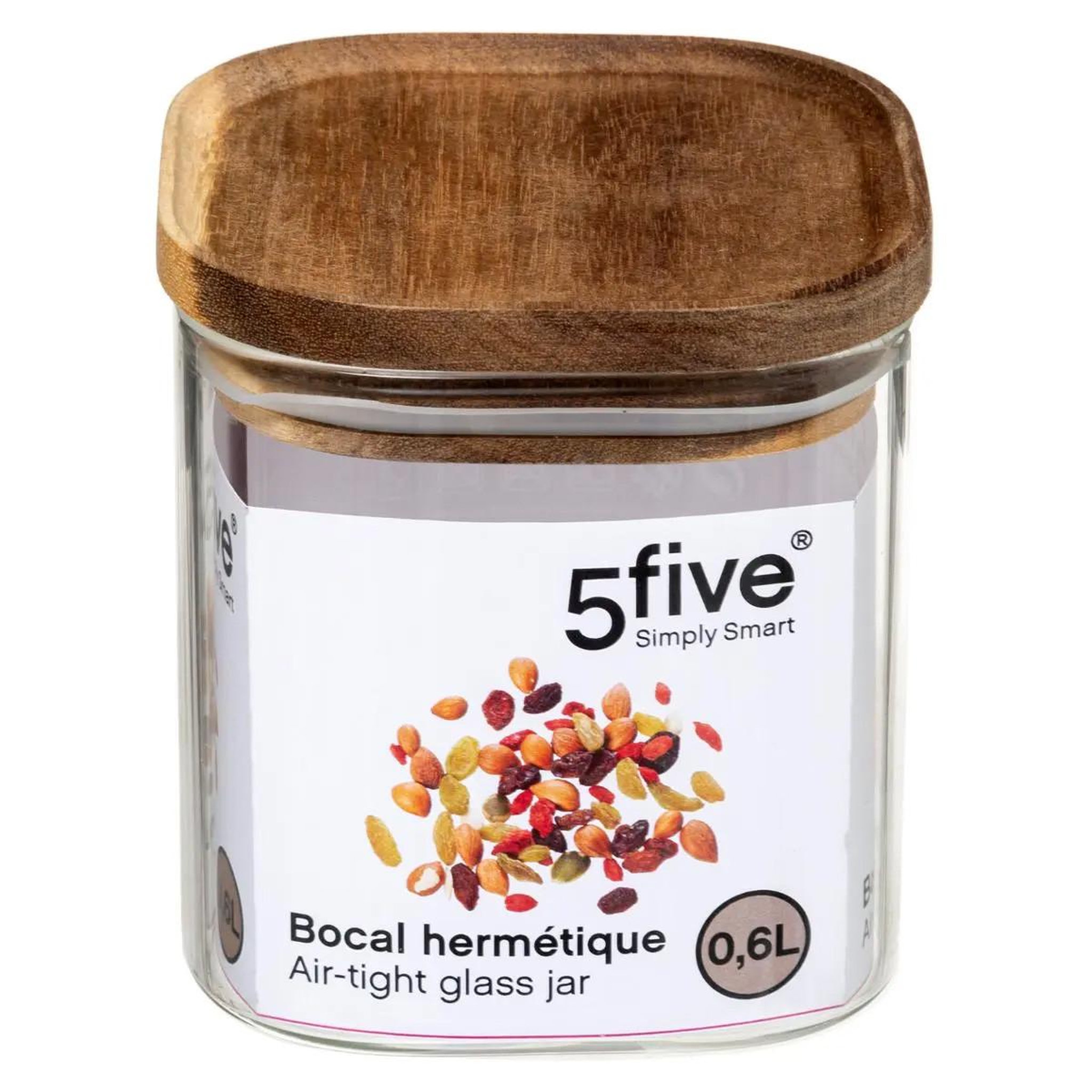 Voir la diapositive 3 : FIVE Bocal en verre  hermet  0,6l transparent & marron