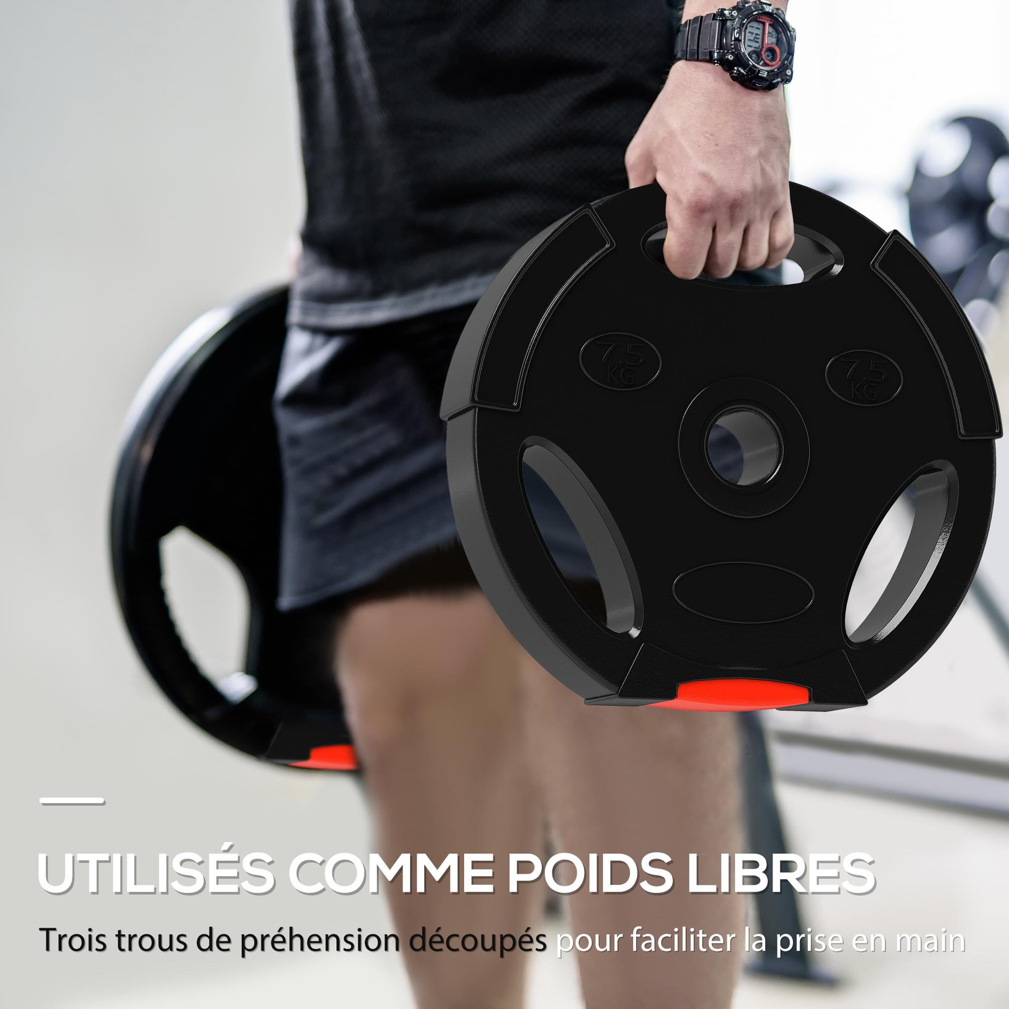Voir la diapositive 6 : HOMCOM Disques de poids 2 x 5kg + 2 x 7,5kg - 3 poignées - trous de ø25 mm - revêtement pp noir