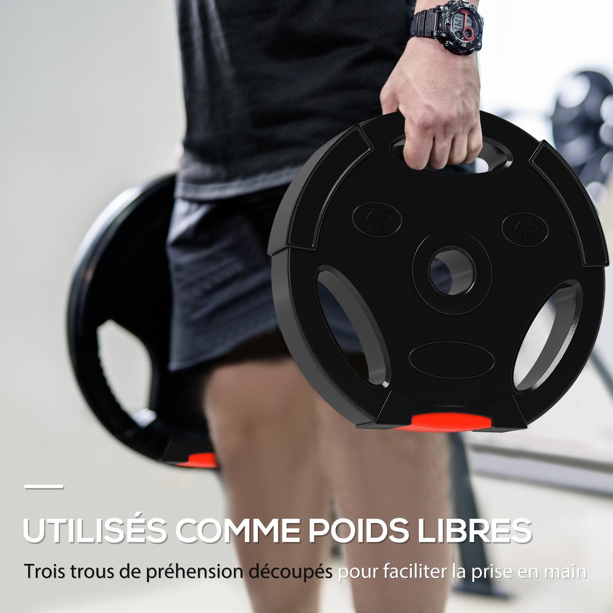 HOMCOM Disques de poids 2 x 5Kg + 2 x 7,5Kg - 3 poignées - trous de Ø25 mm - revêtement PP noir