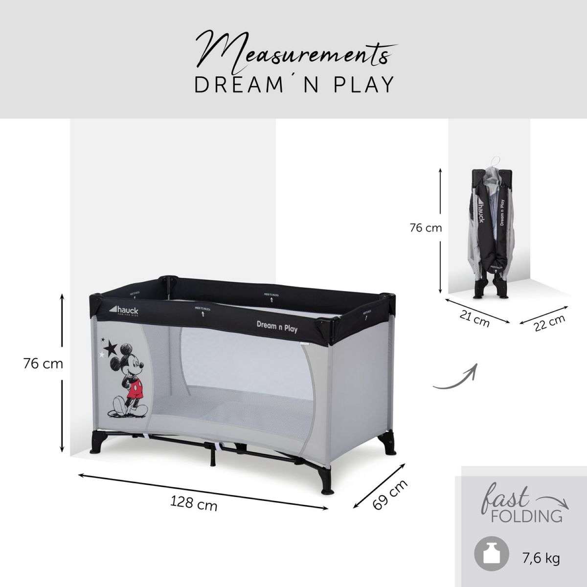 HAUCK Lit parapluie Dream N Play Mickey + Matelas pour lit parapluie Sleeper Mickey Mouse Gris