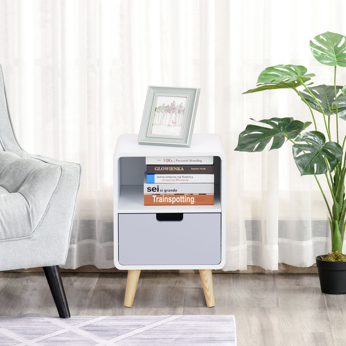 HOMCOM Chevet table de nuit design scandinave 40L x 38l x 58H cm tiroir + niche bois massif pin MDF blanc bleu gris