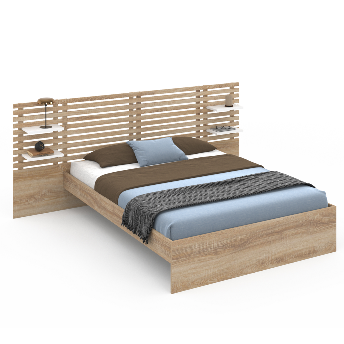 ID MARKET Lit double AMALIA avec tête de lit, étagères suspendues et sommier 140 x 190 cm hêtre et blanc