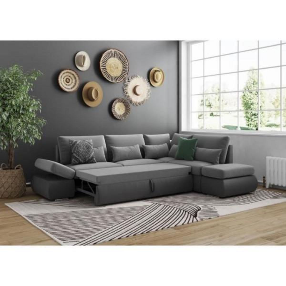 LOUNGITUDE Canapé d'angle réversible convertible SEVARA 4 places - PU et tissu Gris - Coffre de rangement - L267 x P200 x H90 cm