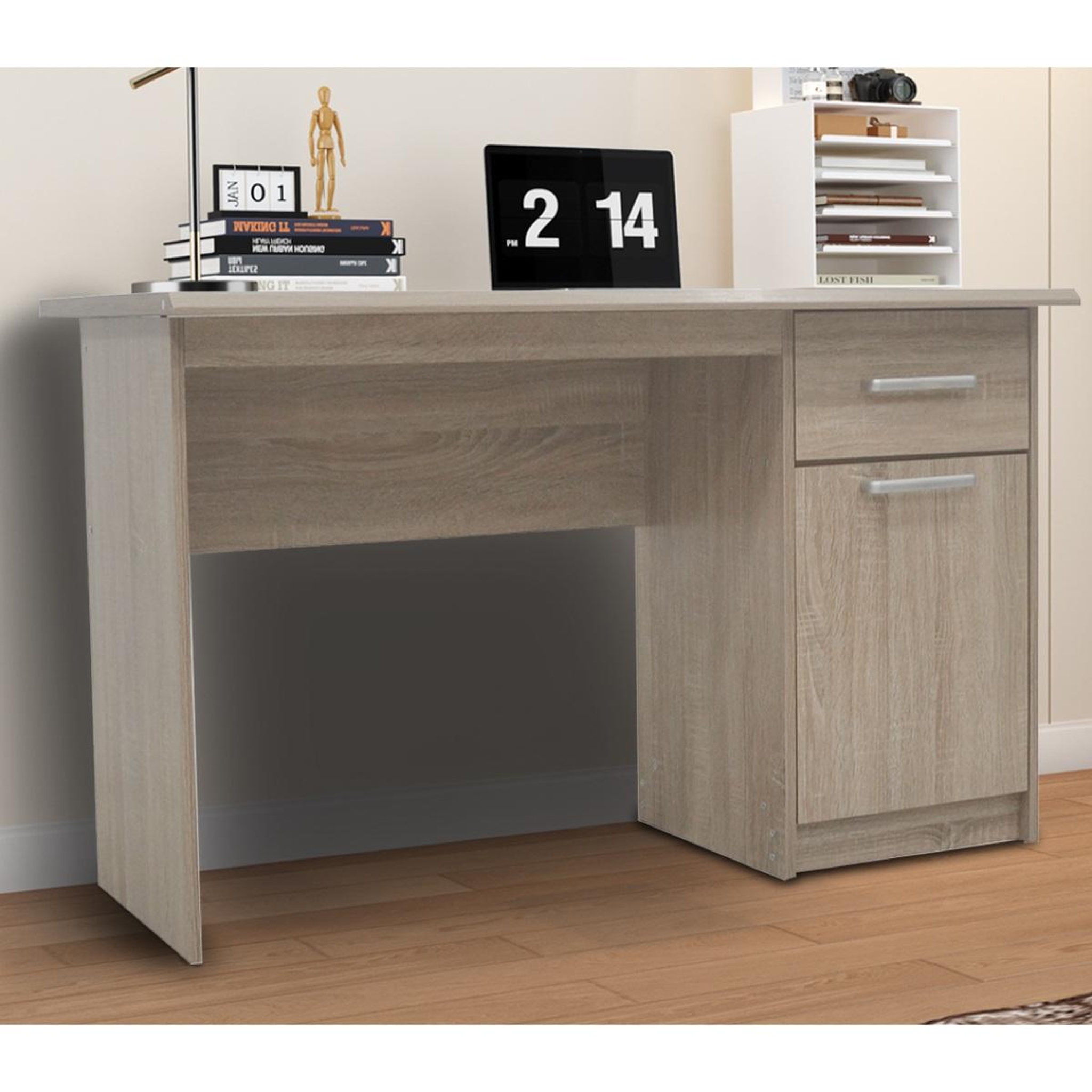 Voir la diapositive 2 : JLC KREATION Bureau moderne 1 porte-3 tiroirs couleur bois otara