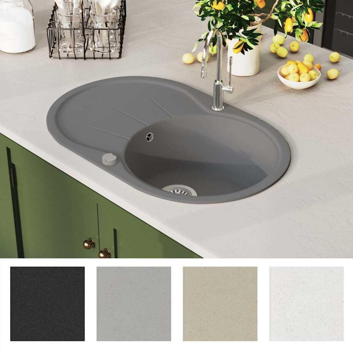 VIDAXL Evier de cuisine en granit Bac unique Ovale Gris