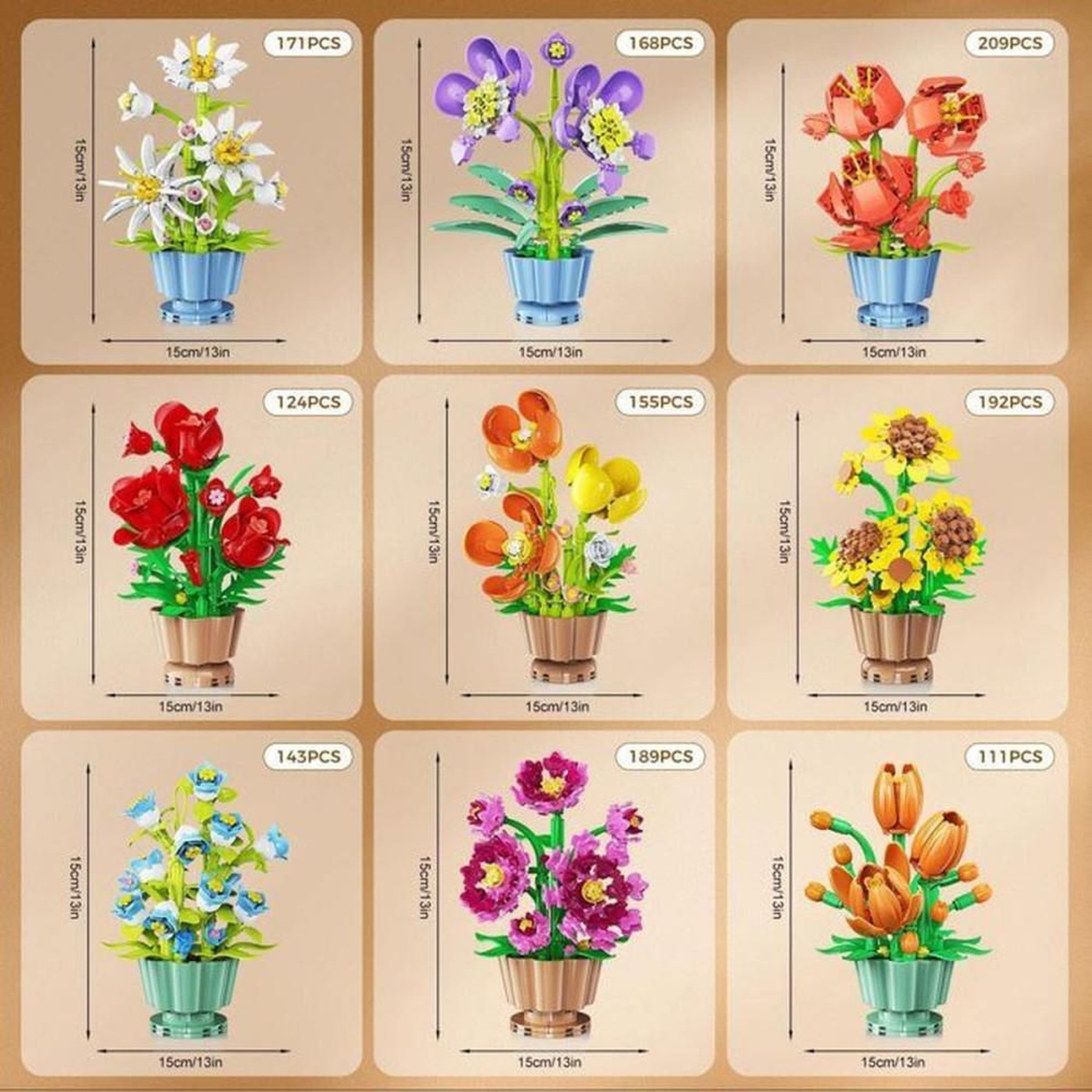 Voir la diapositive 3 : Set fleurs miniatures DIY Collection Botanique - 9 modèles - 1462 pièces - pots réalistes à assembler