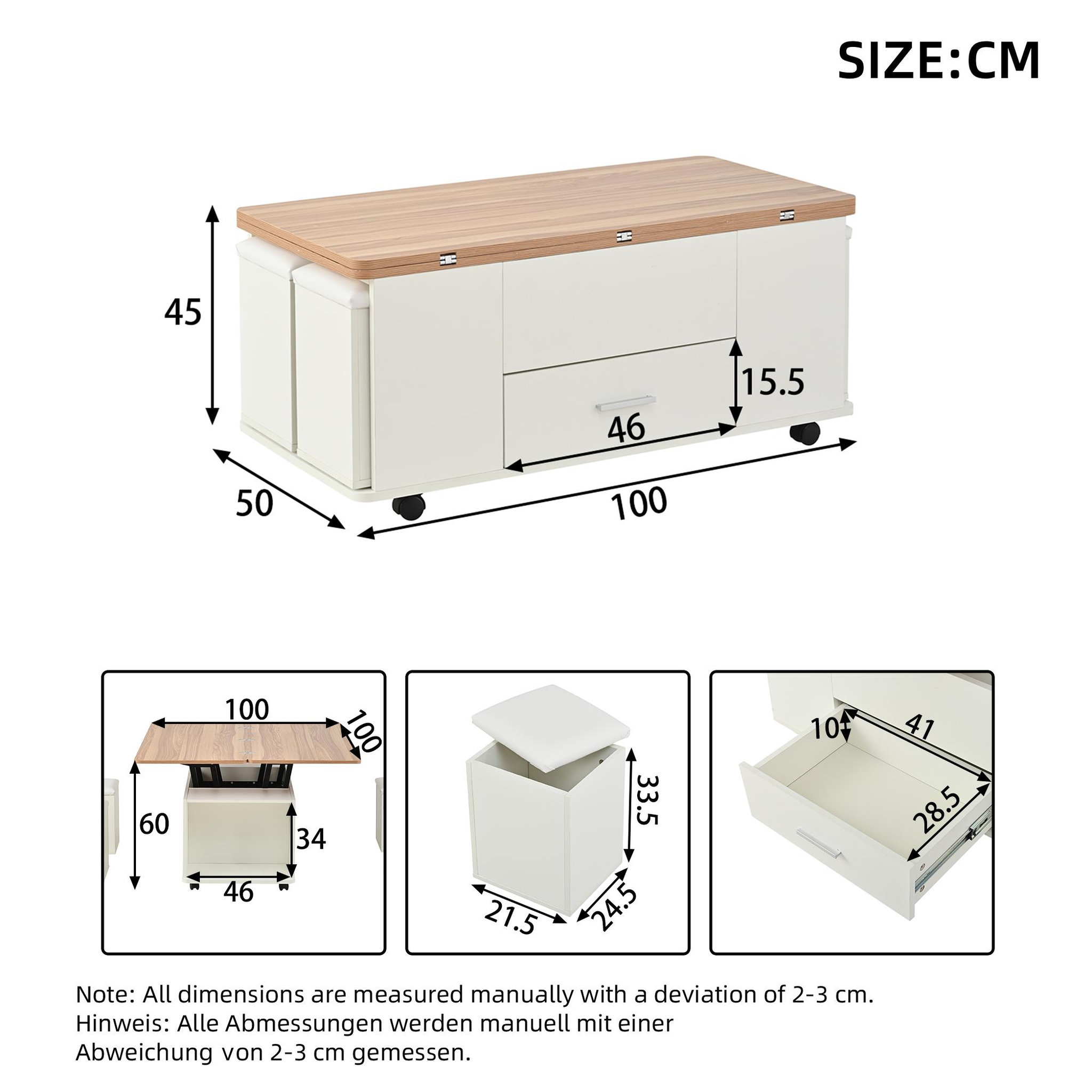 Voir la diapositive 3 : MERAX Table basse relevable rectangulaire blanc - 50x100 cm panneau de particules