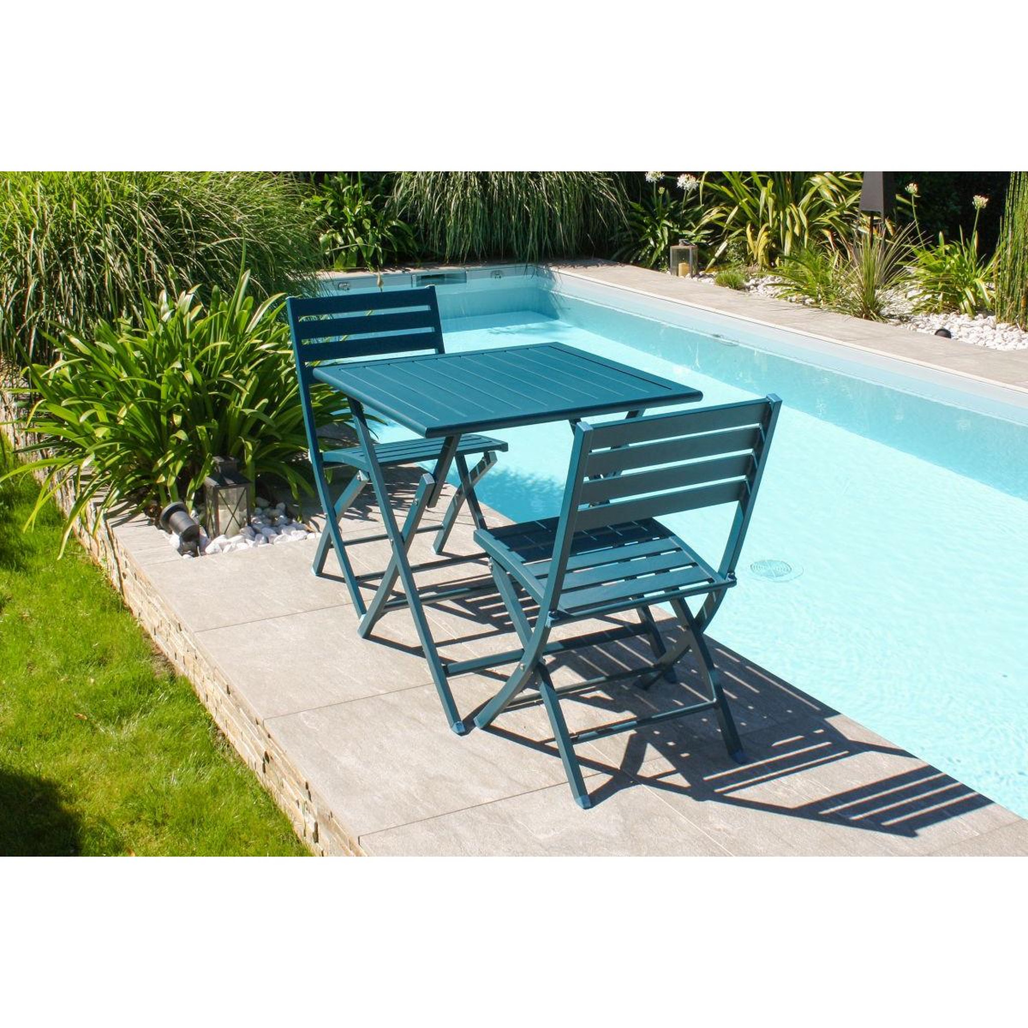 Voir la diapositive 6 : Paris Prix Ensemble table de jardin pliante & 2 chaises  marius  70cm bleu canard