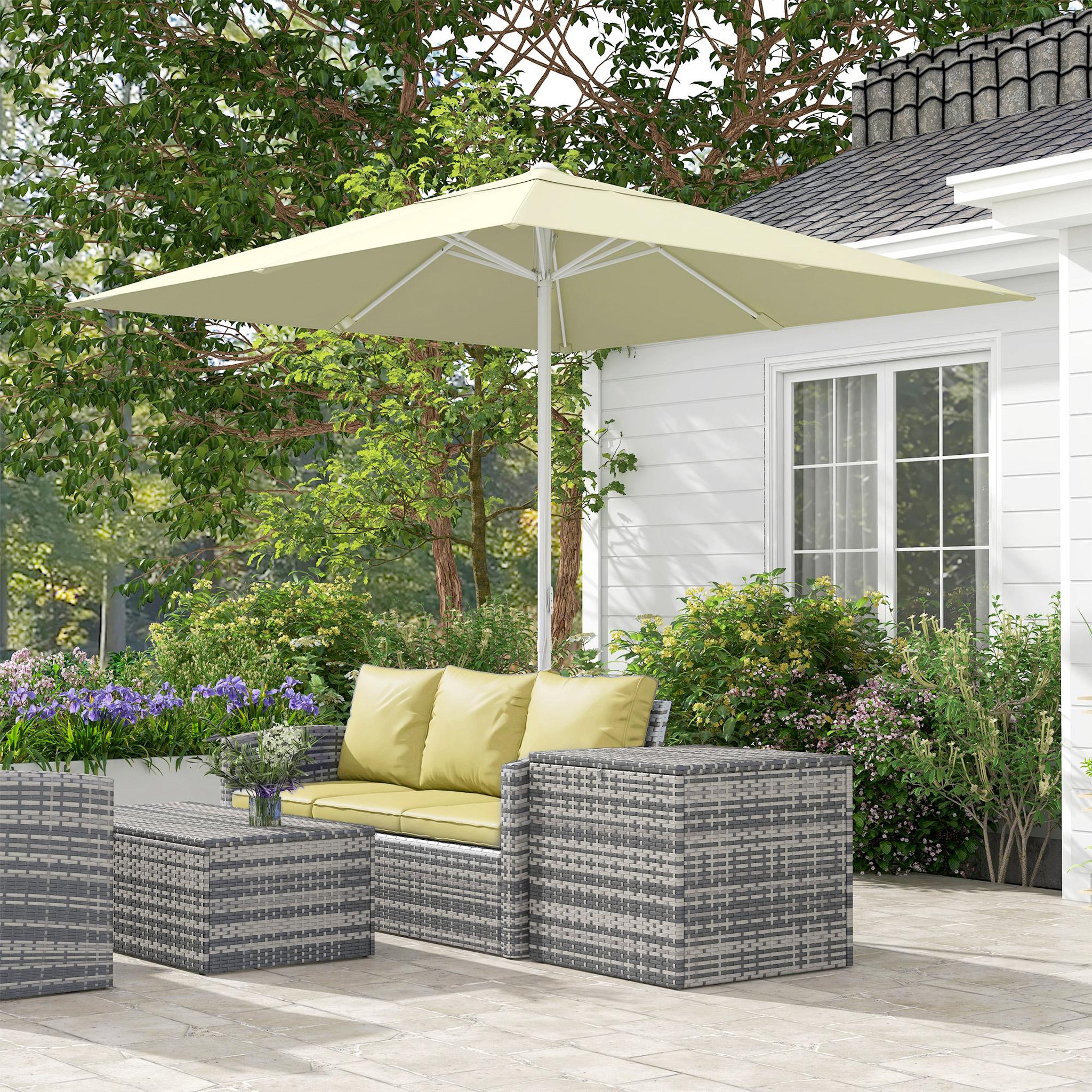 Voir la diapositive 2 : OUTSUNNY Parasol de jardin carré réglable dim. 2,48L x 2,48l x 2,50H m alu métal polyester haute densité 180 g/m² beige