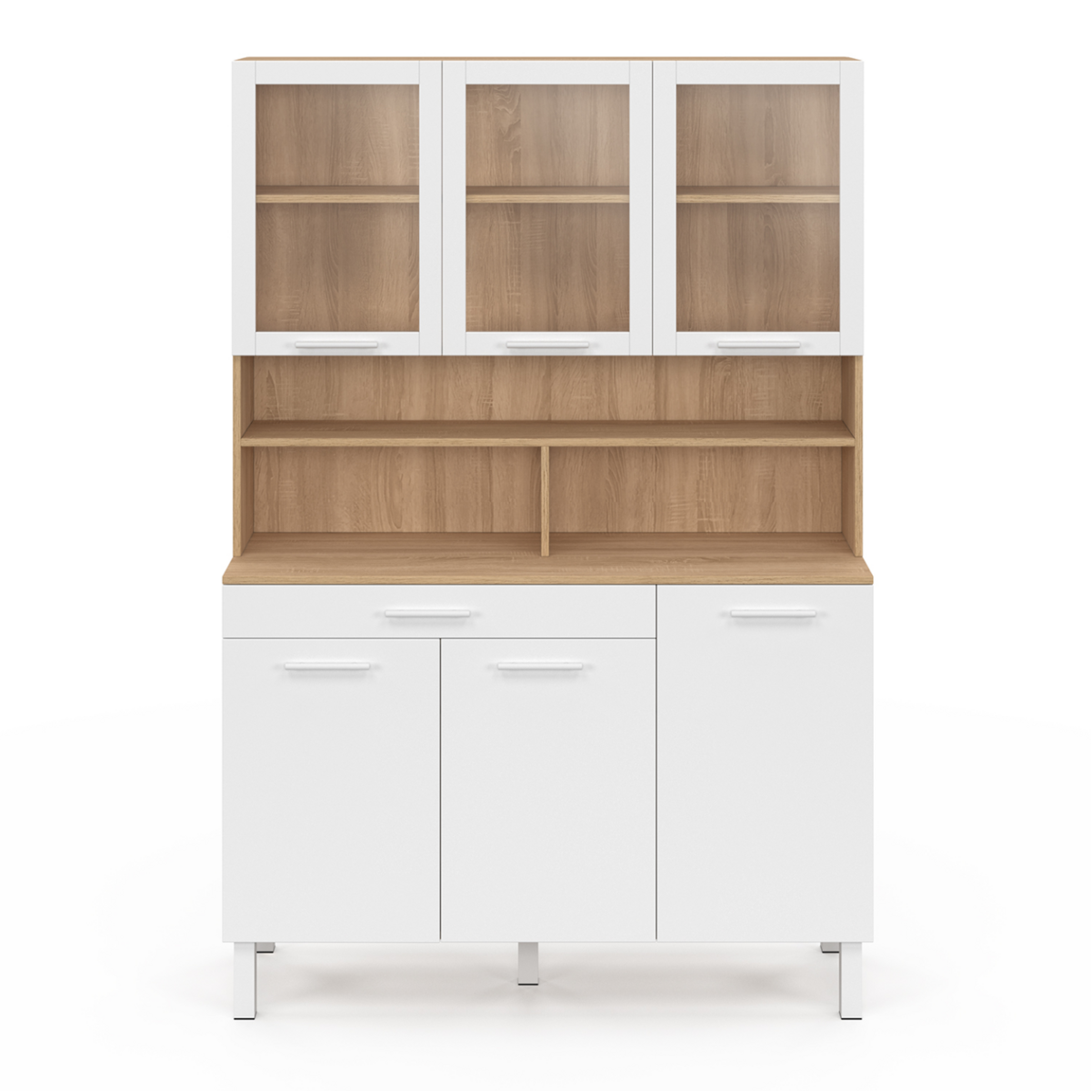 ID MARKET Buffet de cuisine vitré 120 CM CINA 6 portes + tiroir façon hêtre et blanc