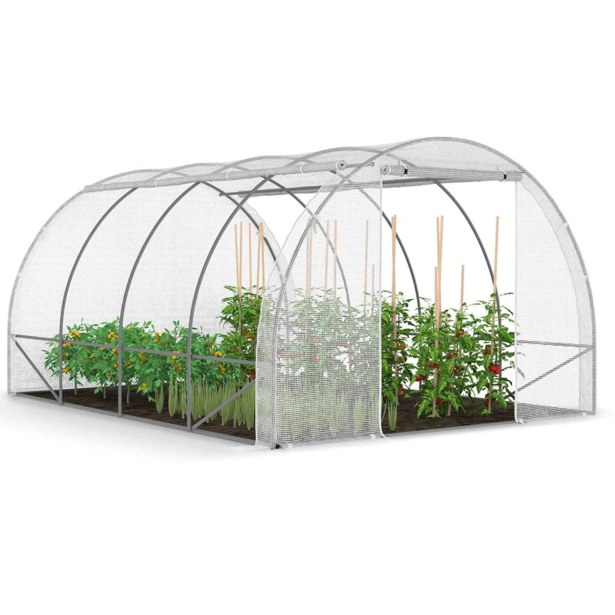 ID MARKET Serre de jardin tunnel 12m² 4 x 3 x 2 m acier galvanisé + bâche anti-uv avec porte et fenêtres zebra blanches toutes saisons