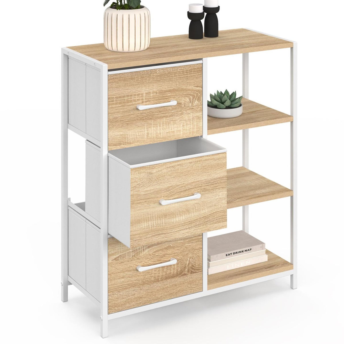 ID MARKET Buffet d'appoint 3 tiroirs et étagères 70 cm UTAH design industriel bois et blanc