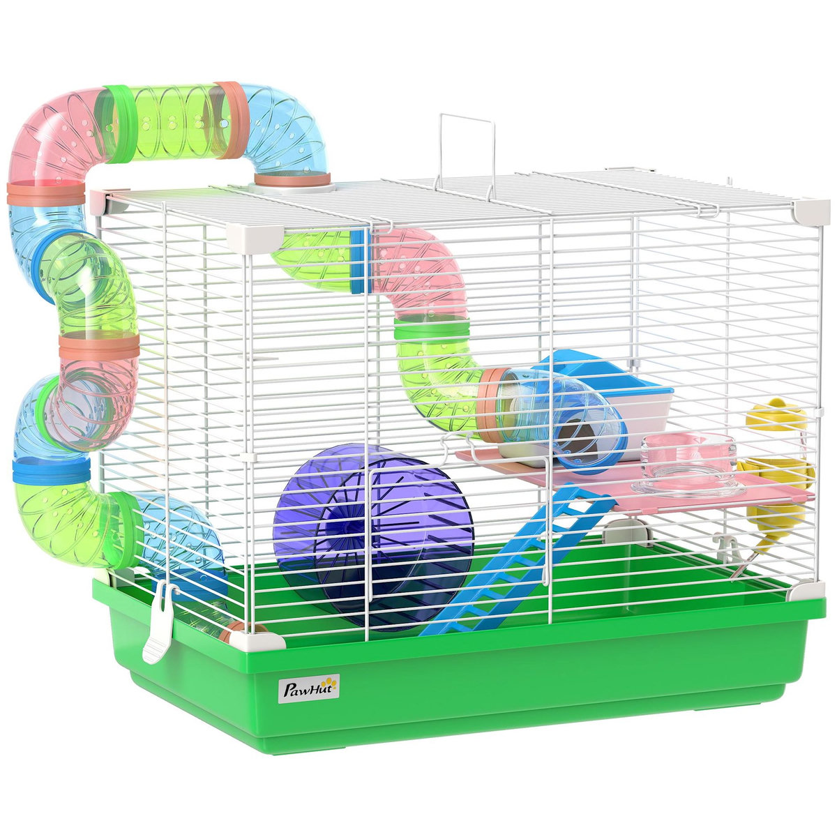 PAWHUT Cage à hamster 2 niveaux avec poignée - avec tunnel, biberon eau, roue, maisonnette, échelles - vert