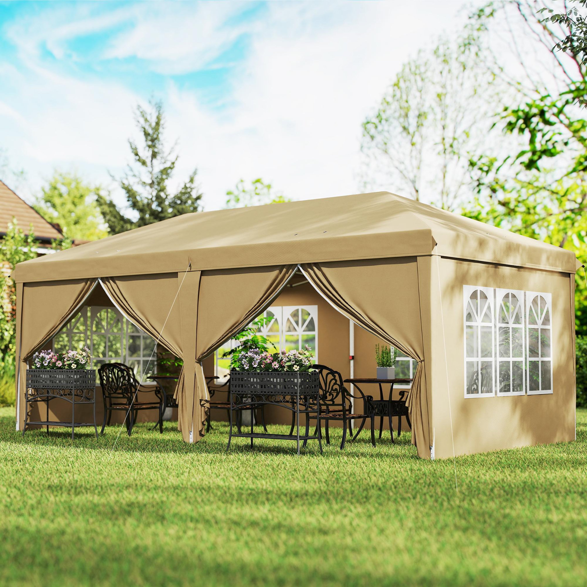 Voir la diapositive 2 : OUTSUNNY Tonnelle barnum pliant pop-up imperméabilisé 5,85L x 2,95l x 2,7H m 6 parois latérales amovibles 4 fenêtres + sac de transport kaki