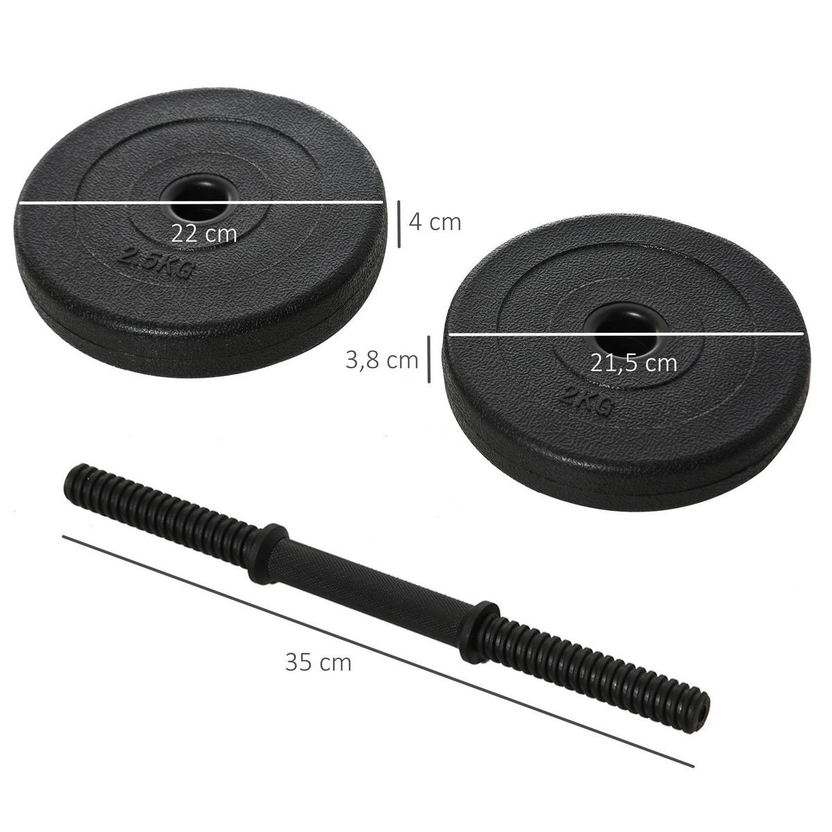 HOMCOM Ensemble d'haltères courtes total 20 Kg - barres incluses - entraînement musculaire & haltérophilie - acier HDPE noir