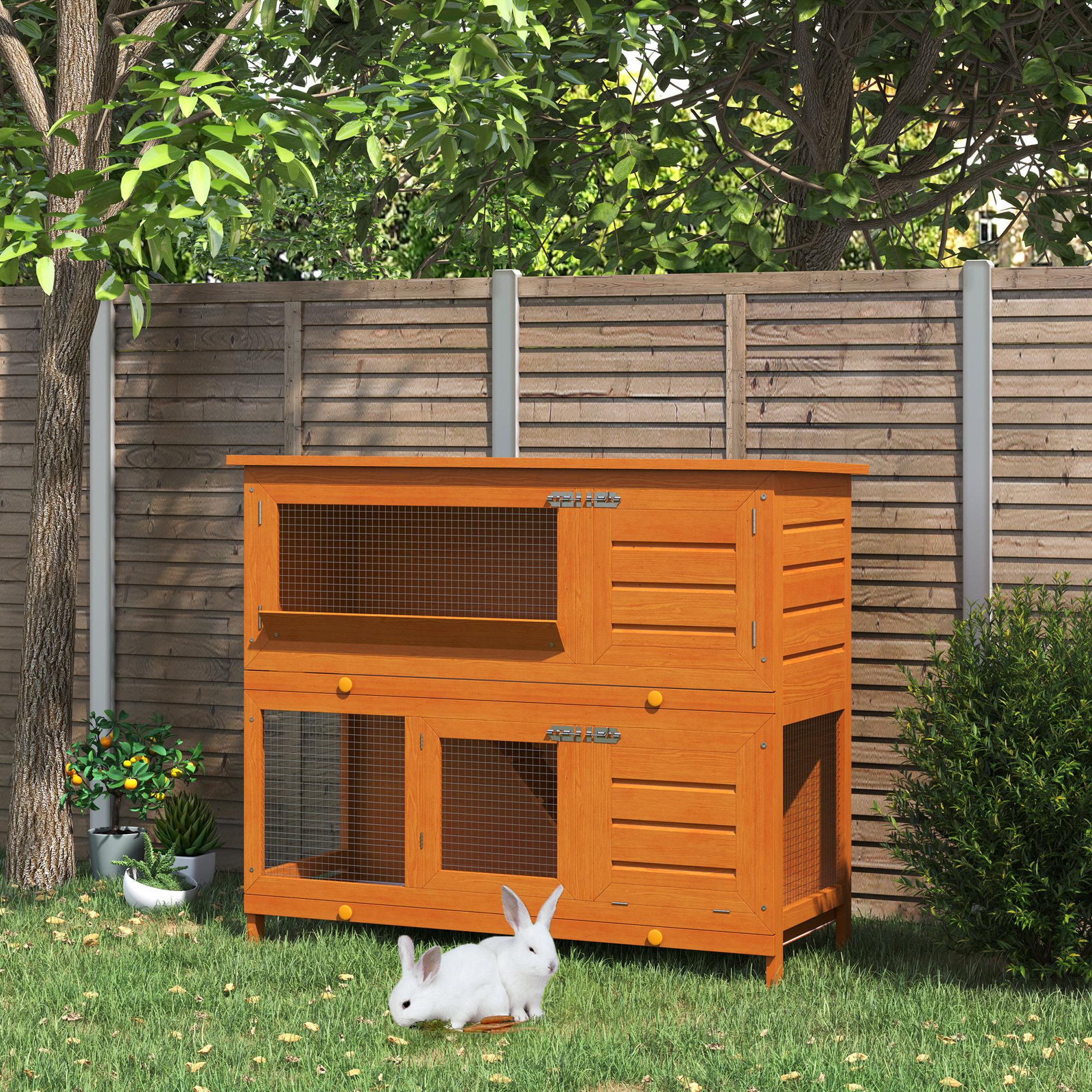 Voir la diapositive 2 : PAWHUT Cage a lapin poulailler clapier en bois de pin de grande taille avec 2 etages 120x48x100 cm