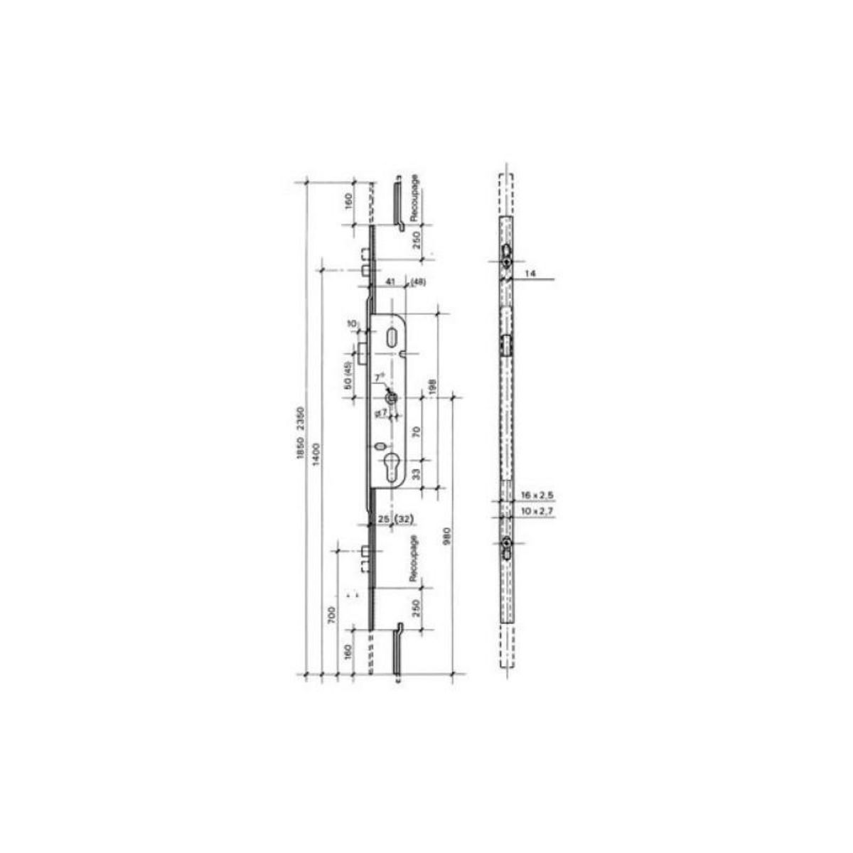 FERCO Crémone barillet axe 40mm ajustable haut et bas longueur 1780mm FERCO G 24764 18 L 1
