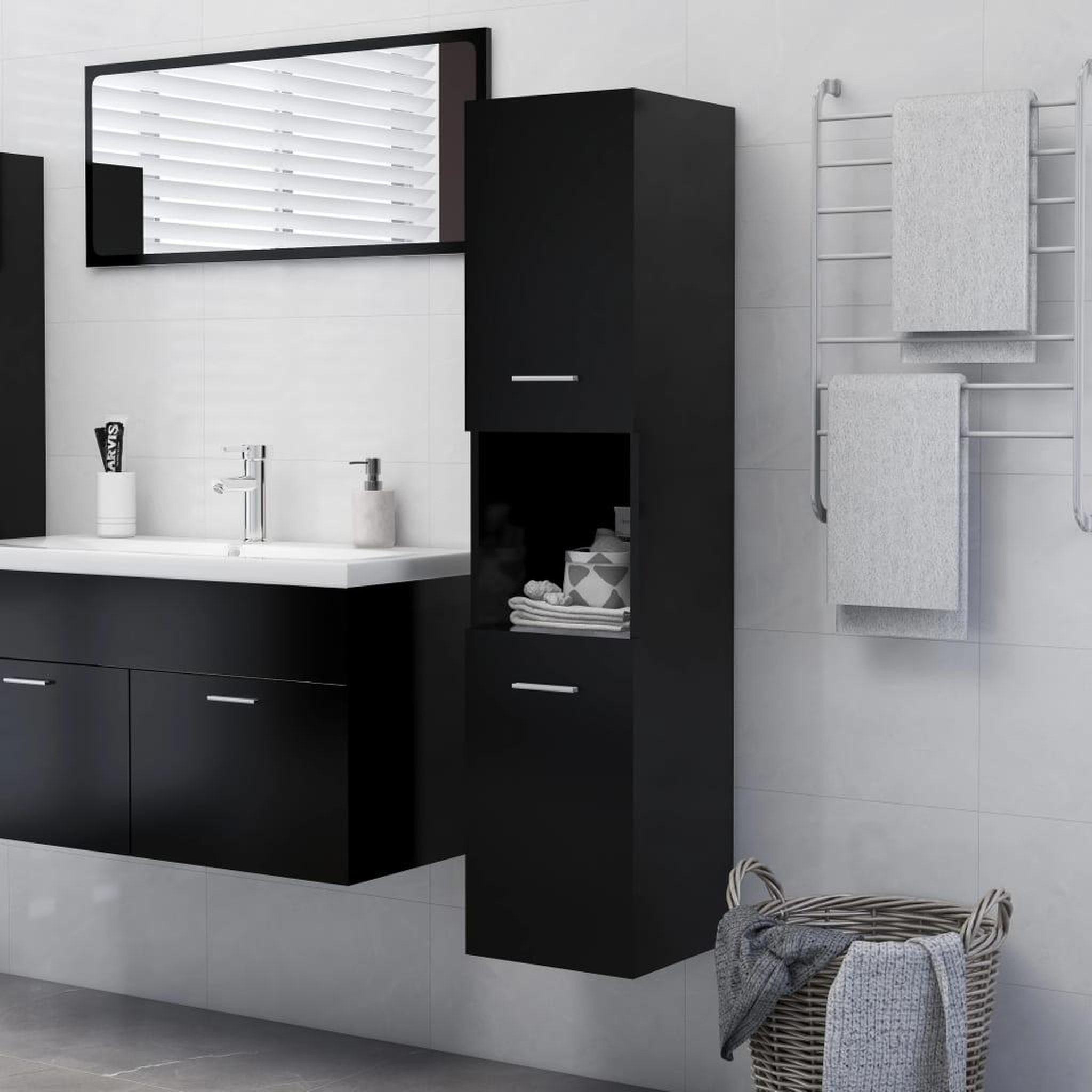 Voir la diapositive 1 : VIDAXL Armoire de salle de bain Noir 30x30x130 cm Bois d'ingenierie