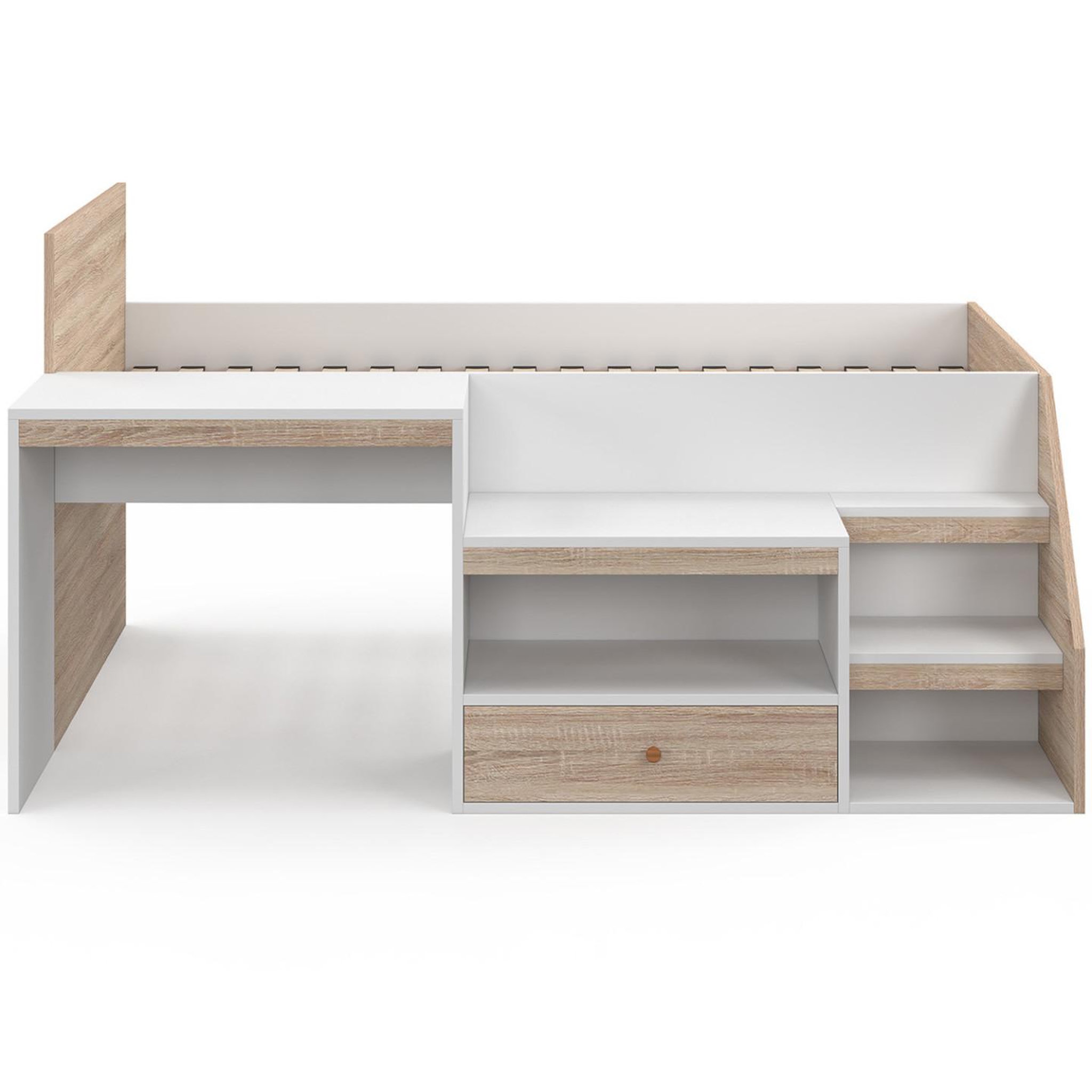 Voir la diapositive 3 : ID MARKET Lit combiné avec sommier, bureau et rangement leopold 90 x 190 cm hêtre et blanc