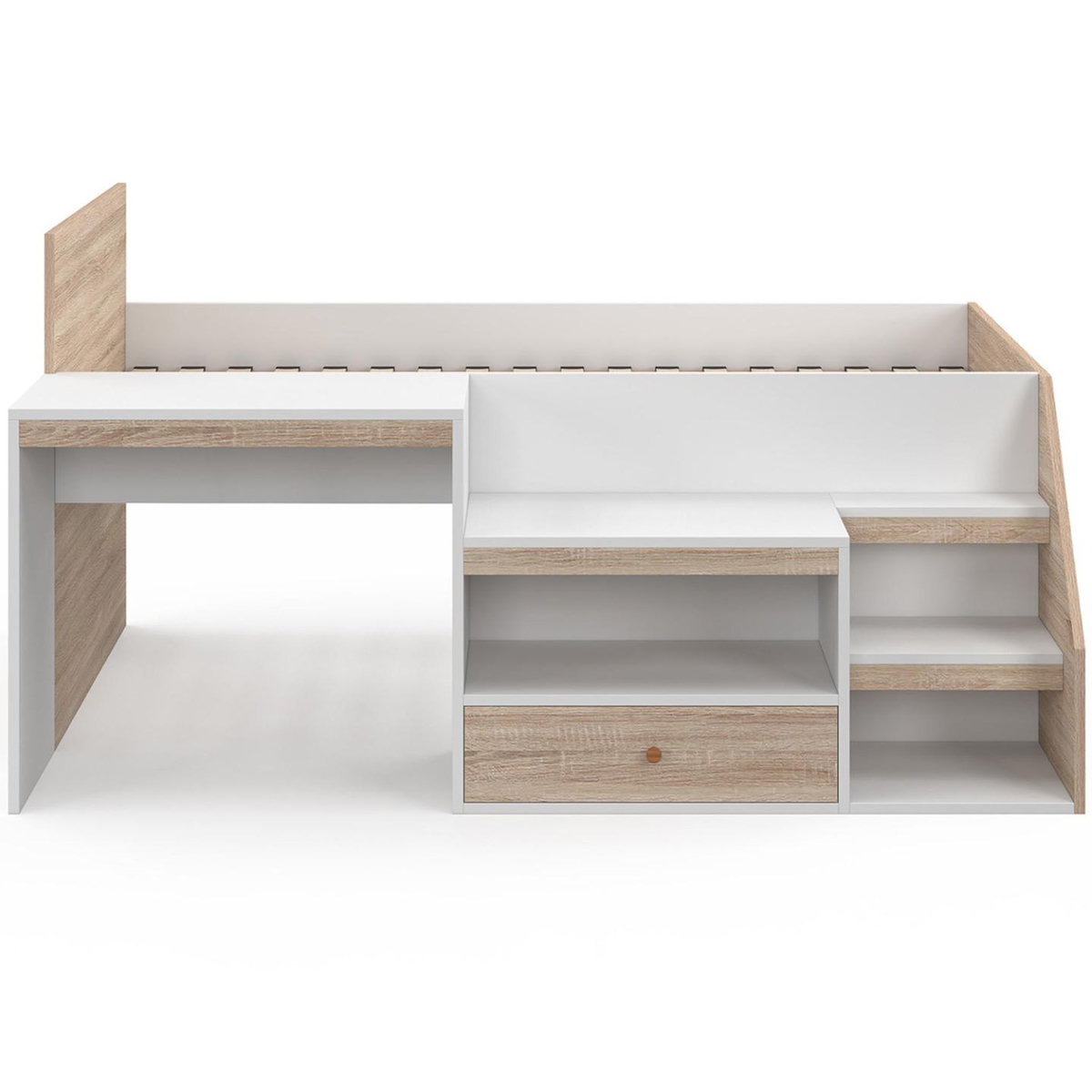 ID MARKET Lit combiné avec sommier, bureau et rangement LEOPOLD 90 x 190 cm hêtre et blanc