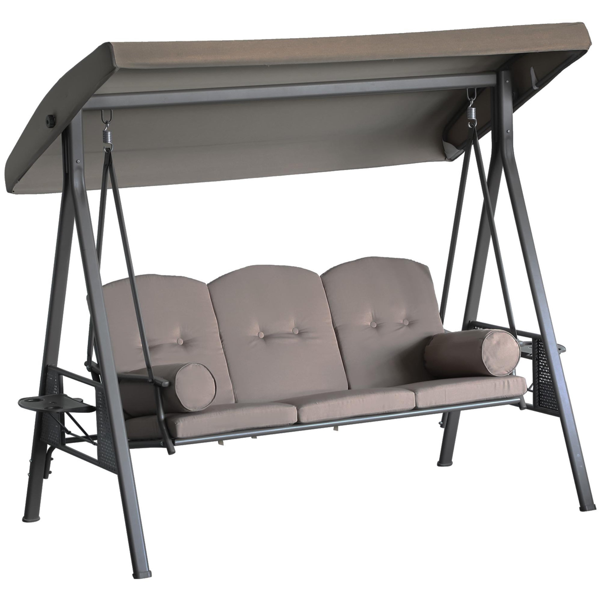 OUTSUNNY Balancelle de jardin 3 places grand confort toit inclinaison réglable coussins plateaux rétractables polyester filé marron
