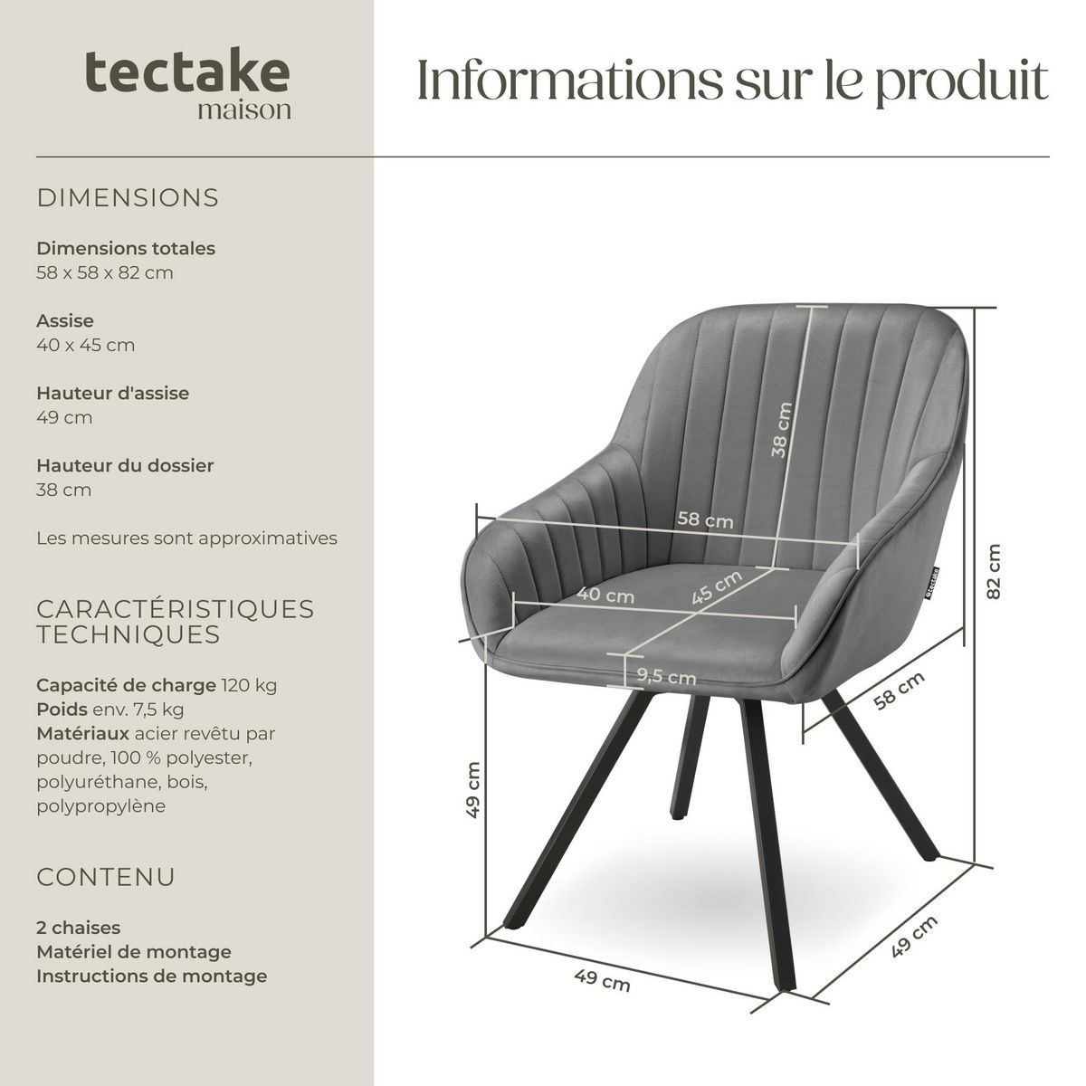 tectake Chaise pivotante avec accoudoirs rembourrée aspect velours gris Lot de 2