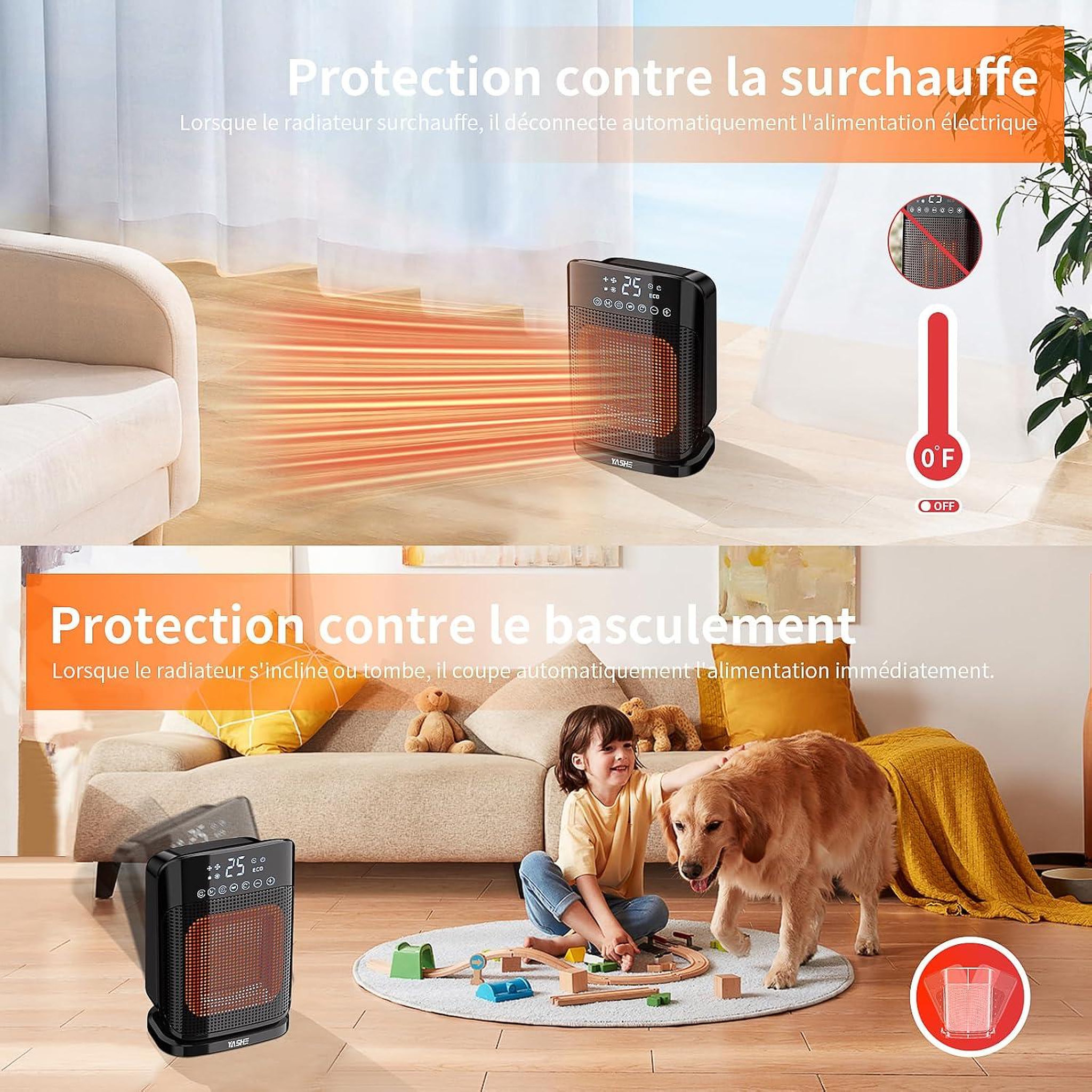 Voir la diapositive 6 : YASHE Chauffage soufflant, 1800 W, ECO, oscillation 75°, noir