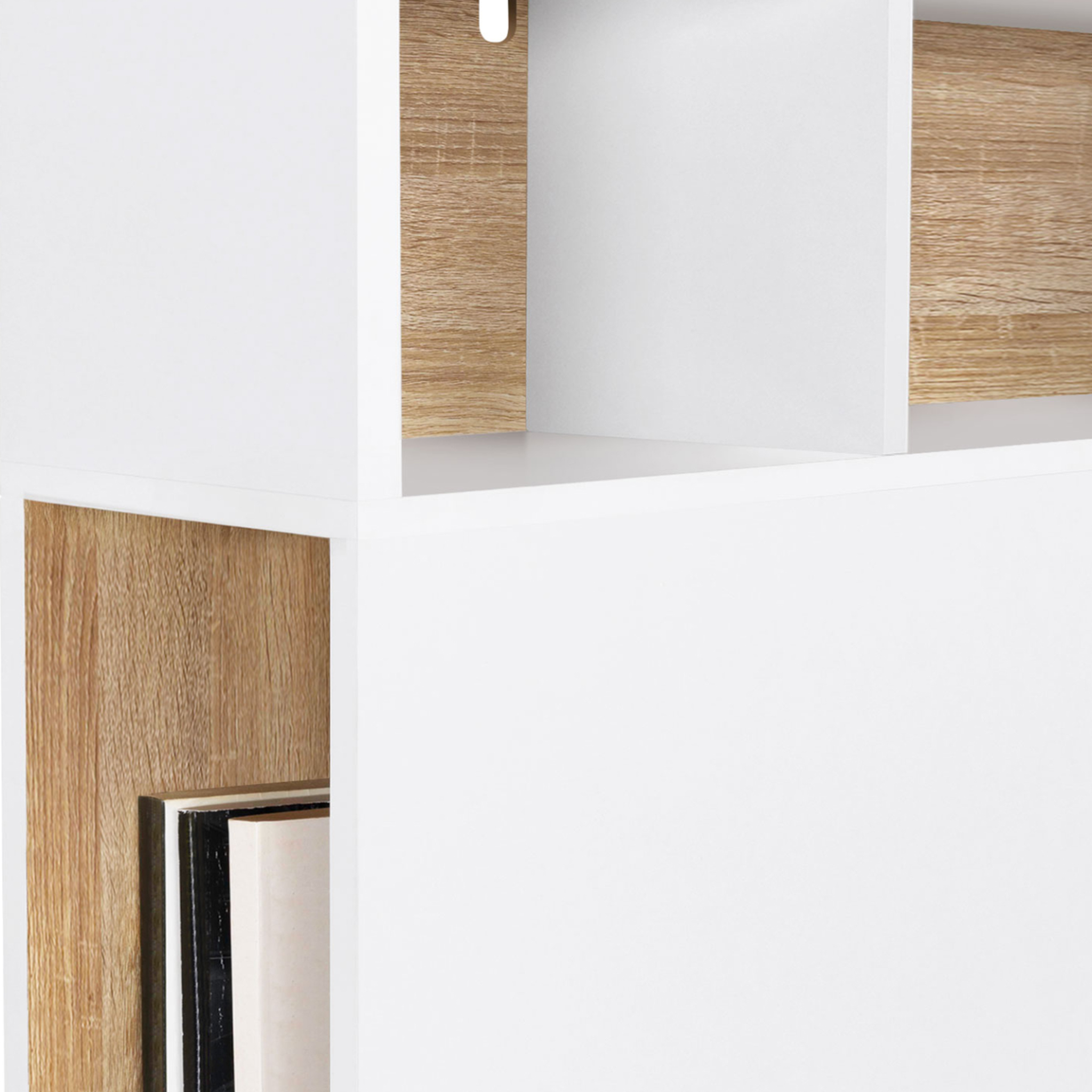 Voir la diapositive 6 : ID MARKET Tête de lit sur pied cleo 165 cm avec rangements fermés et niches blanc et façon hêtre