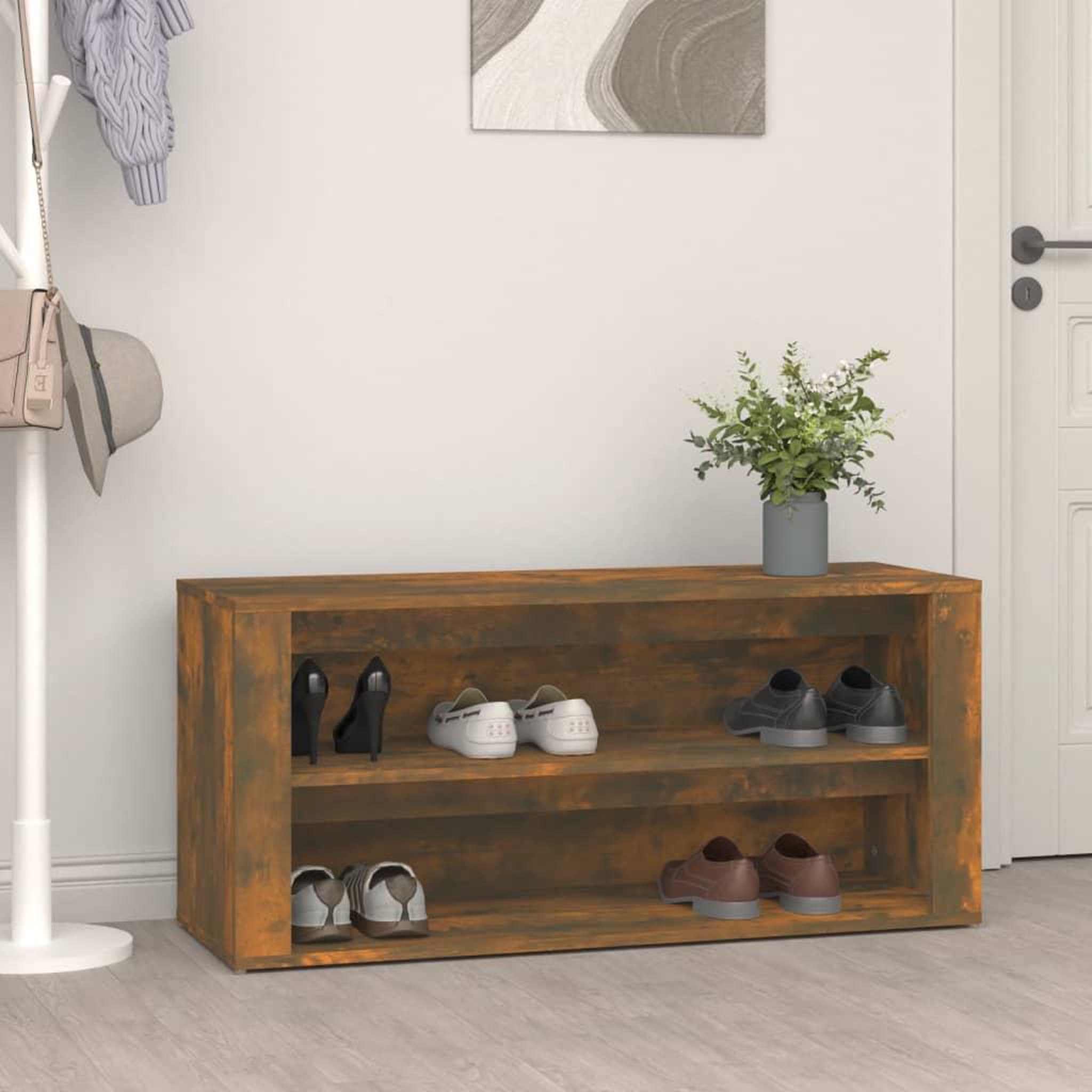 Voir la diapositive 1 : VIDAXL Etagere a chaussures Chene fume 100x35x45 cm Bois d'ingenierie