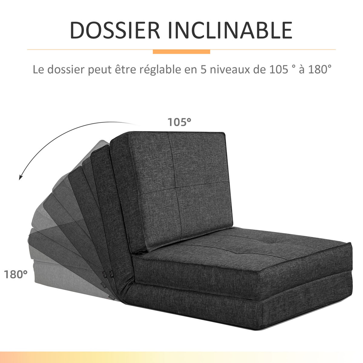 HOMCOM Chauffeuse - matelas d'appoint pliant - fauteuil convertible - inclinaison dossier réglable 5 positions - tissu polyester aspect lin gris