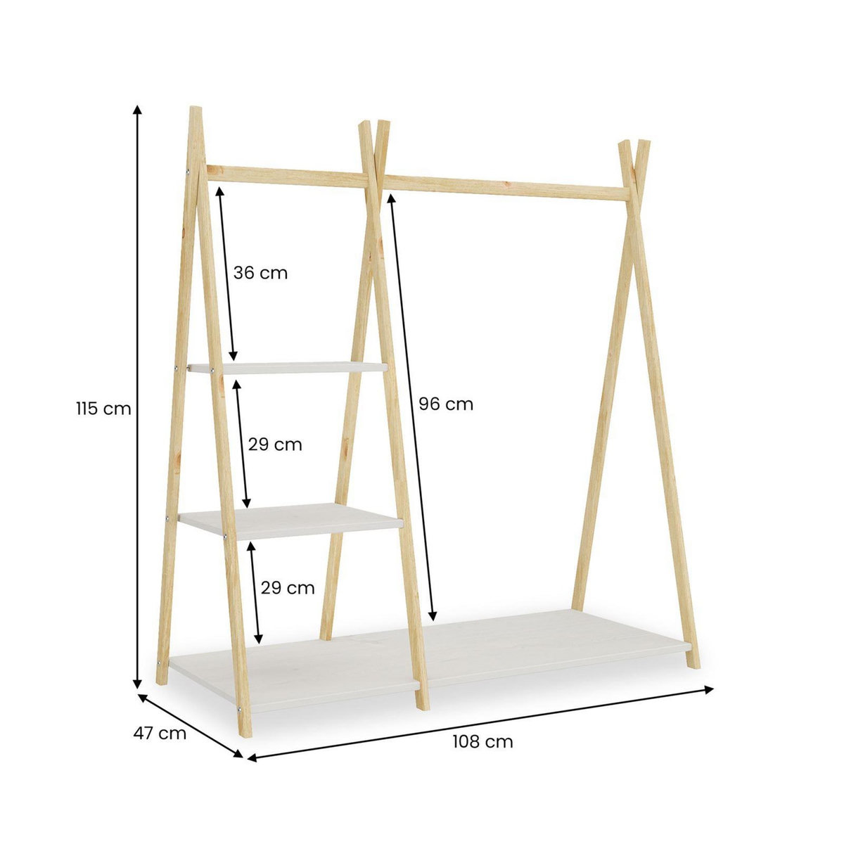 IDIMEX Penderie pour enfants LOTTE avec 3 étagères, en bois massif