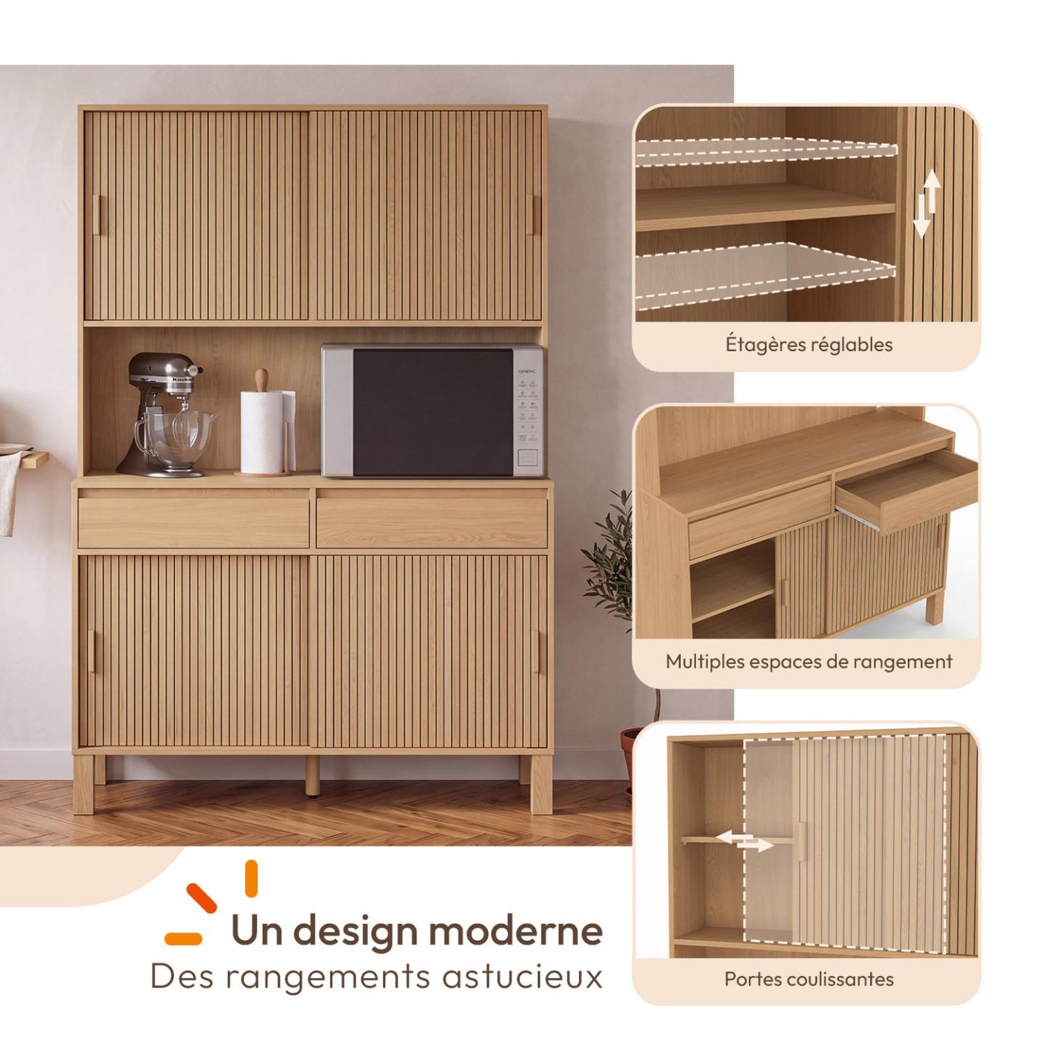 Voir la diapositive 3 : ID MARKET Buffet de cuisine 120 cm JULIETTE 4 portes coulissantes + 2 tiroirs effet lattes tasseau bois