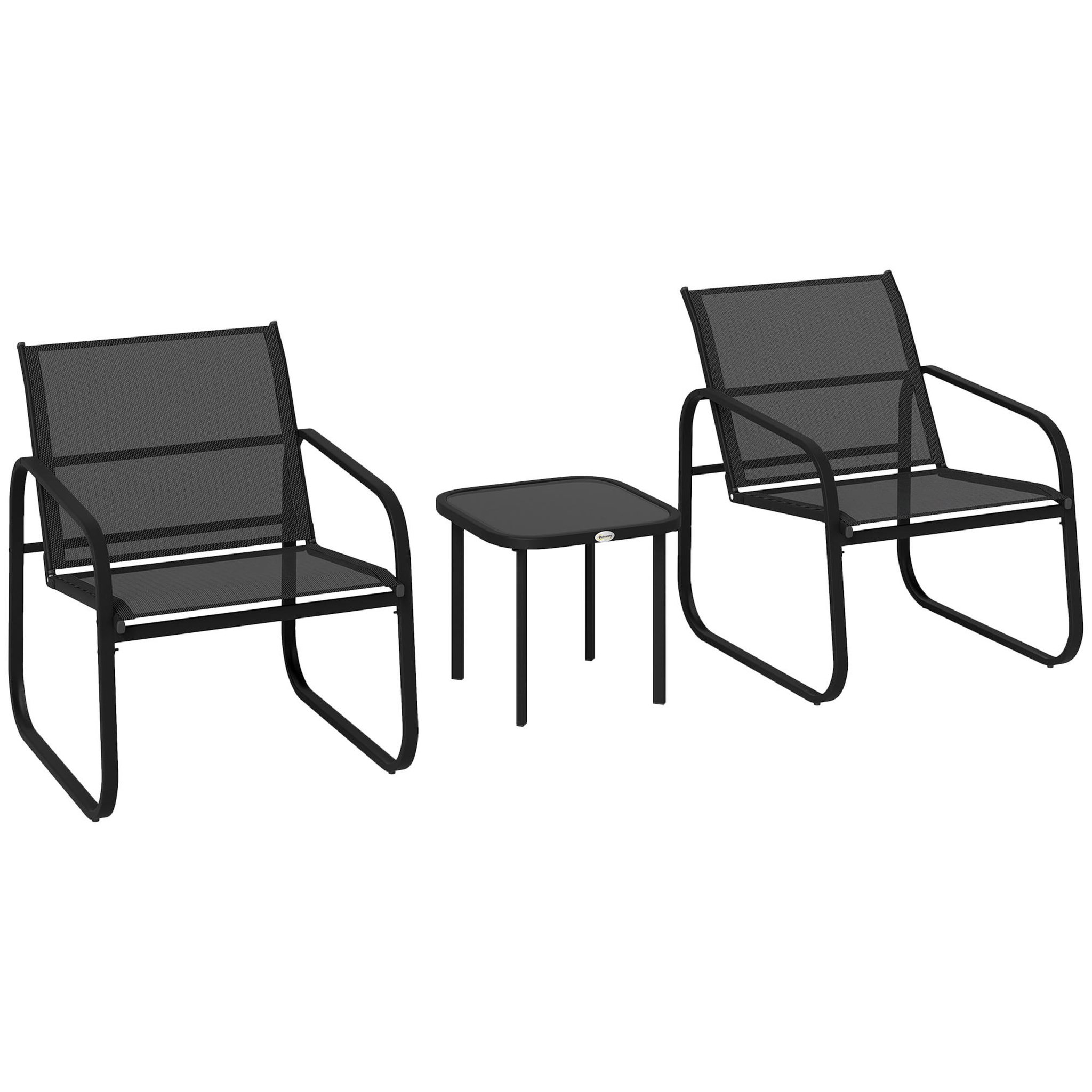 OUTSUNNY Ensemble bistrot de jardin relax 2 personnes 3 pièces plateau verre trempé acier textilène noir