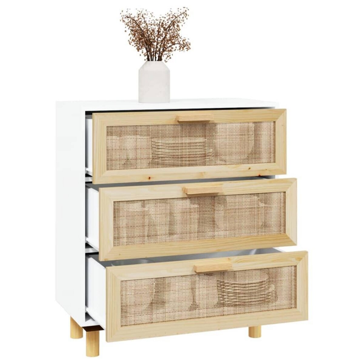 VIDAXL Buffet Blanc 60x30x70 cm Bois de pin massif et rotin naturel