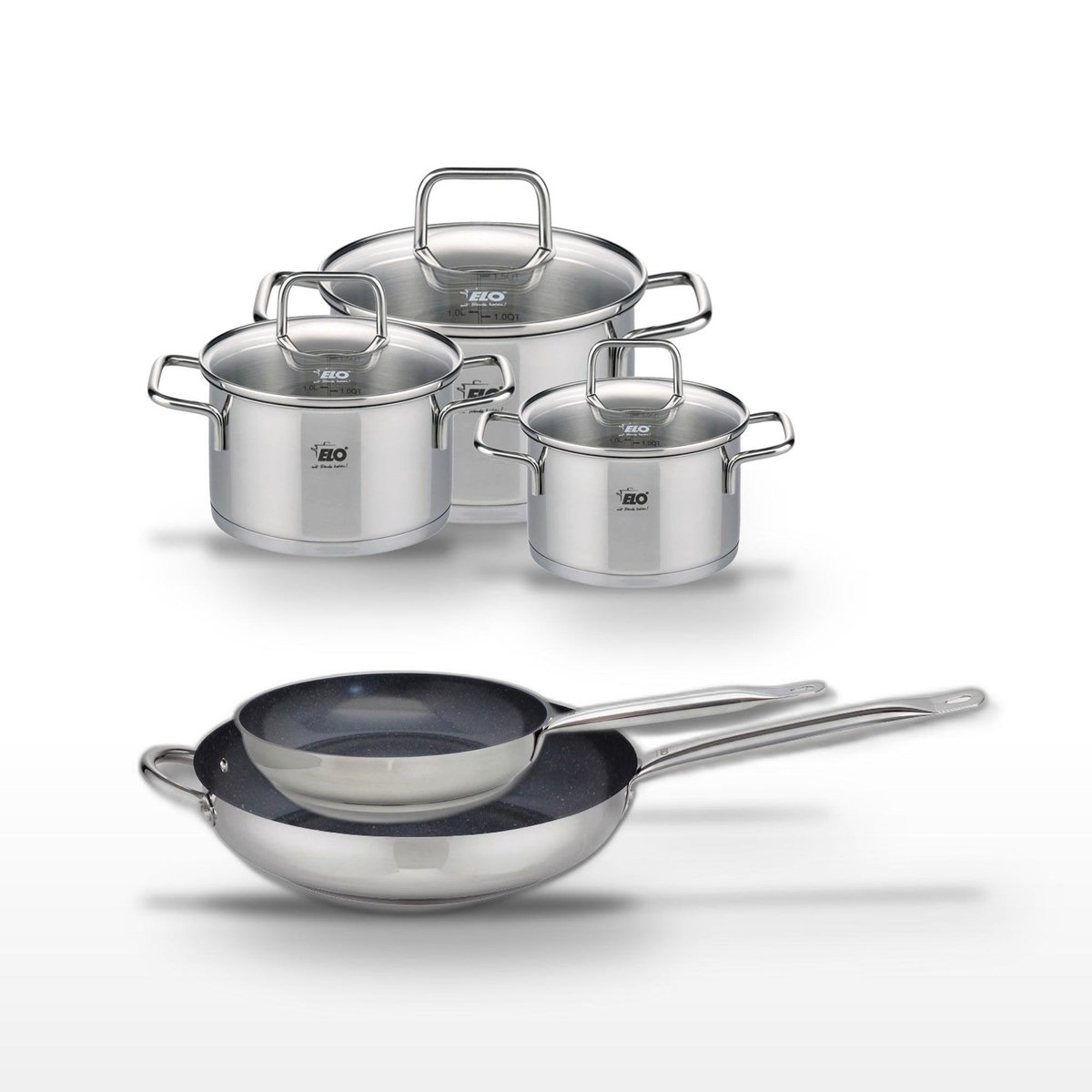 ELO Lot 2 Poêles 24/32cm et 3 Faitouts 14/16/20cm Elo Profi Therm Platinum