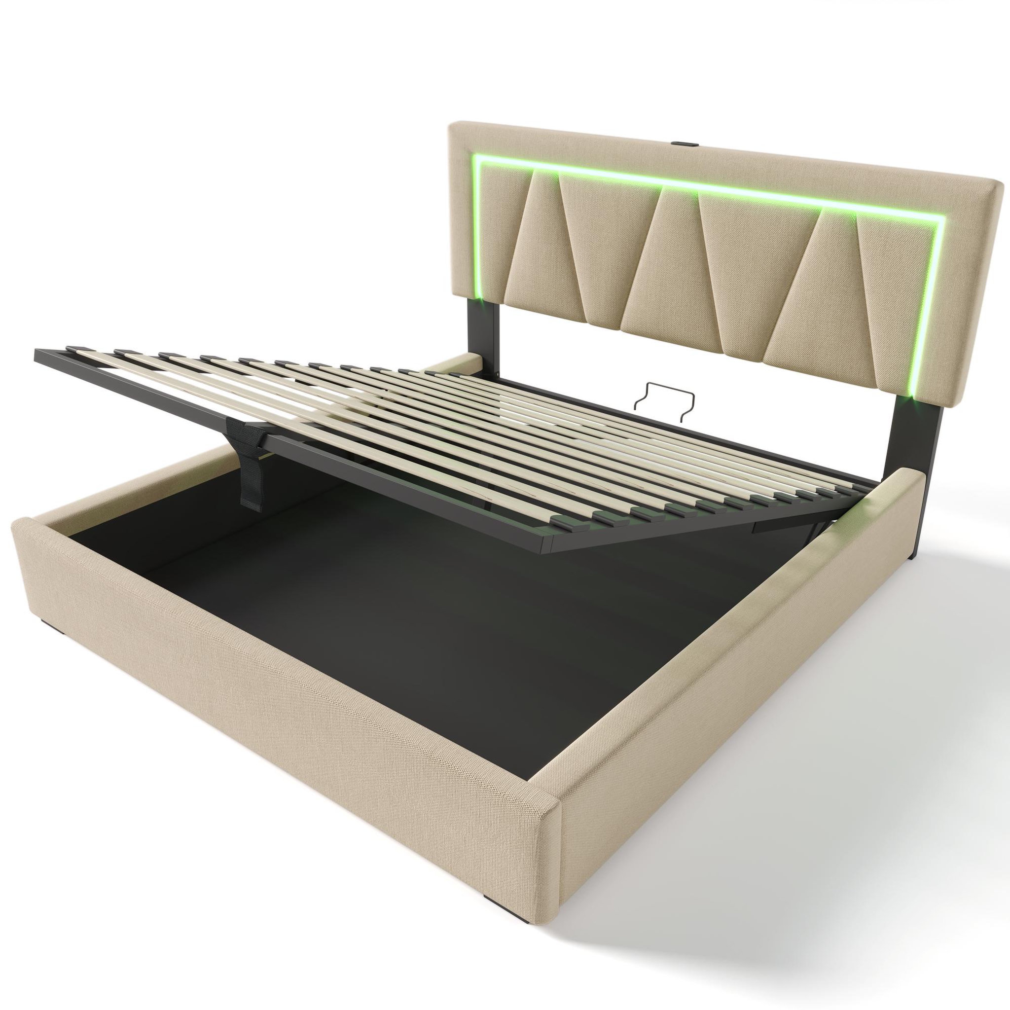 Voir la diapositive 5 : MERAX Lit double coffre 160x200 cm avec led, usb et sommier à lattes， lin gris