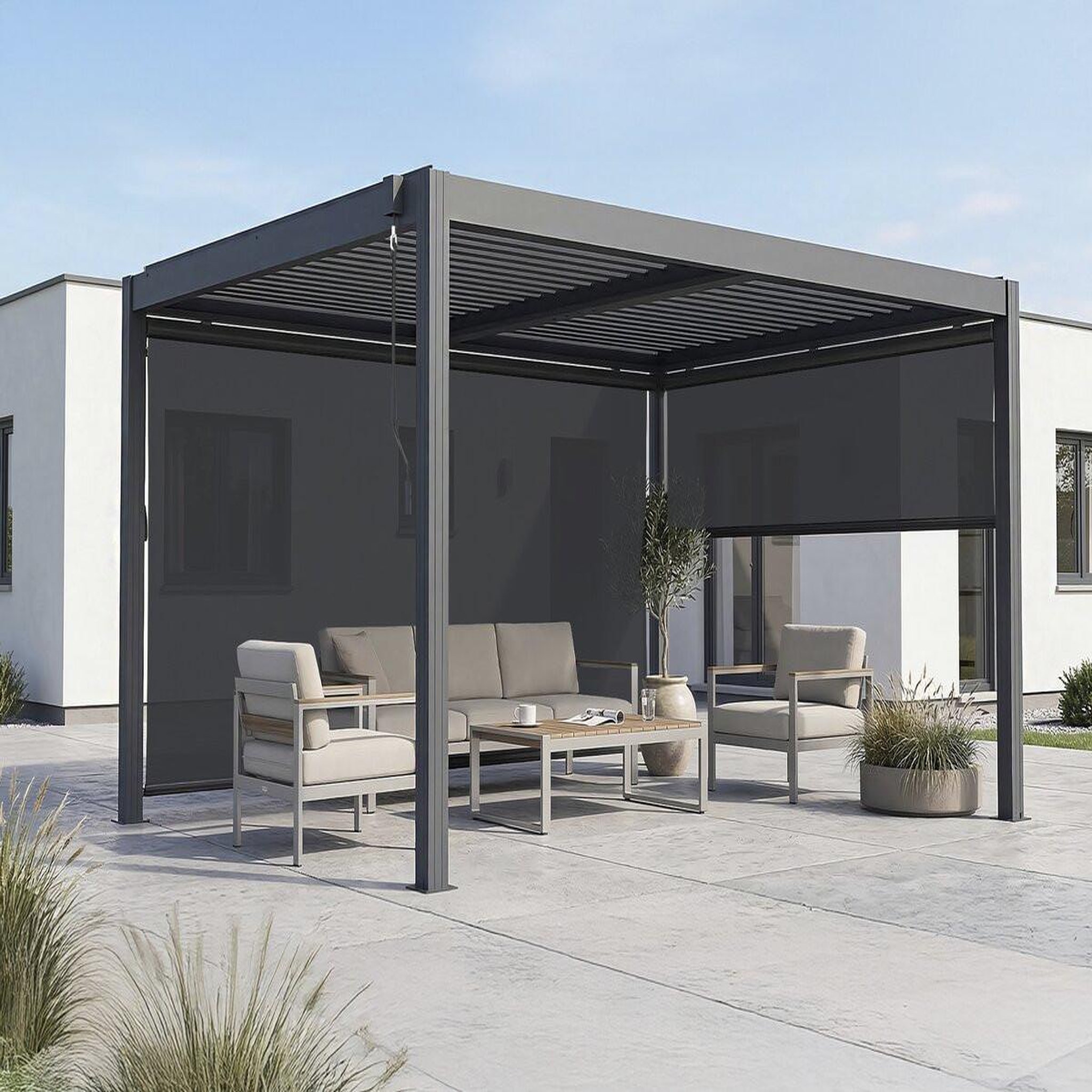 Voir la diapositive 2 : Habitat et Jardin Pergola bioclimatique avec led et 2 stores en aluminium  windsor premium  - 3 x 4 m - gris