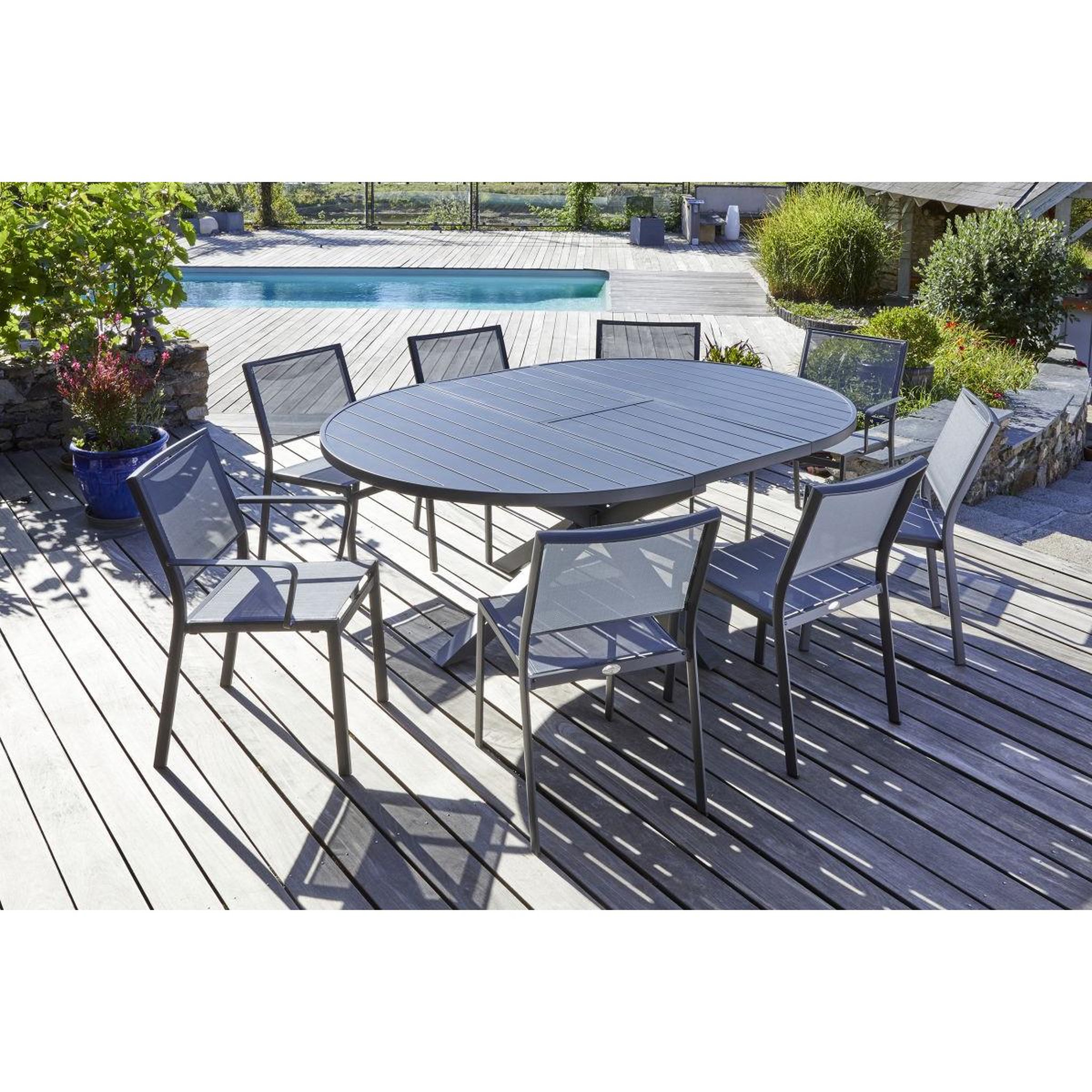 Voir la diapositive 2 : DCB GARDEN Ensemble Table de jardin Extensible 6 Chaises & 2 Fauteuils  Pelosa  145-199cm Gris Anthracite