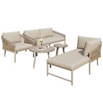 MERAX Salon de jardin 6 places en acier avec canapé, fauteuil, chaise, 2 tables verre bois,kaki