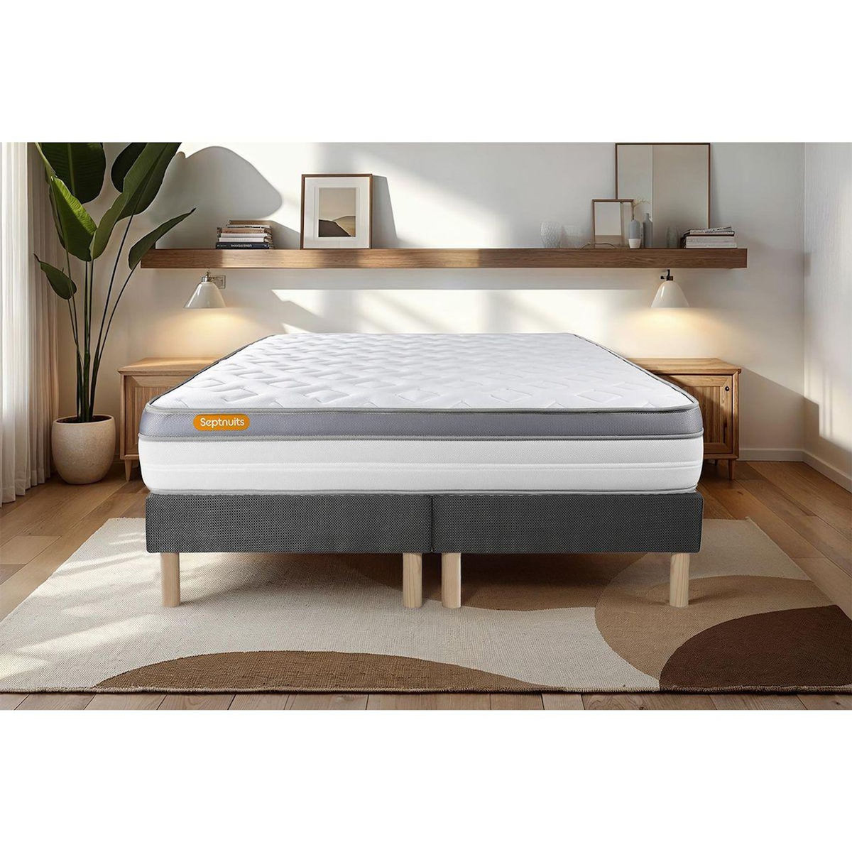 SEPTNUITS Matelas + double sommier gris Memo Zen Mousse à mémoire de forme 5 zones de confort MAXI épaisseur
