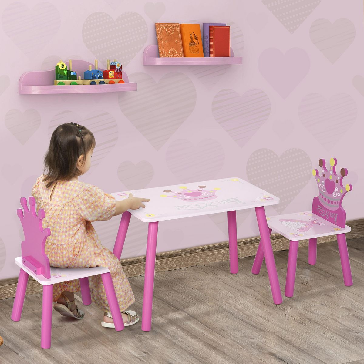 HOMCOM Ensemble table et chaises enfant design princesse motif couronne bois pin MDF rose